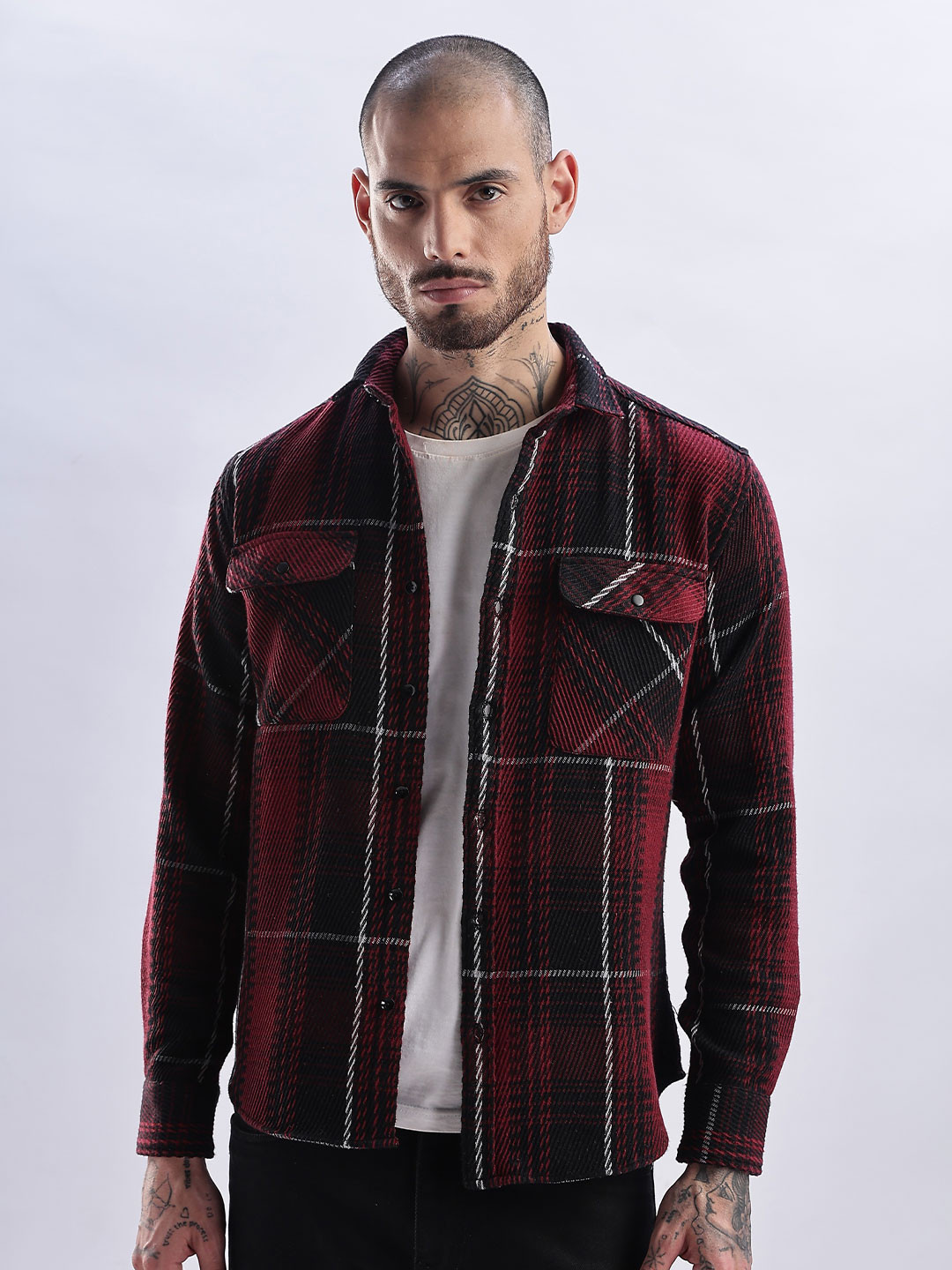 

NEVER NEUD Tartan Checked Spread Collar Flannel Shacket, Red