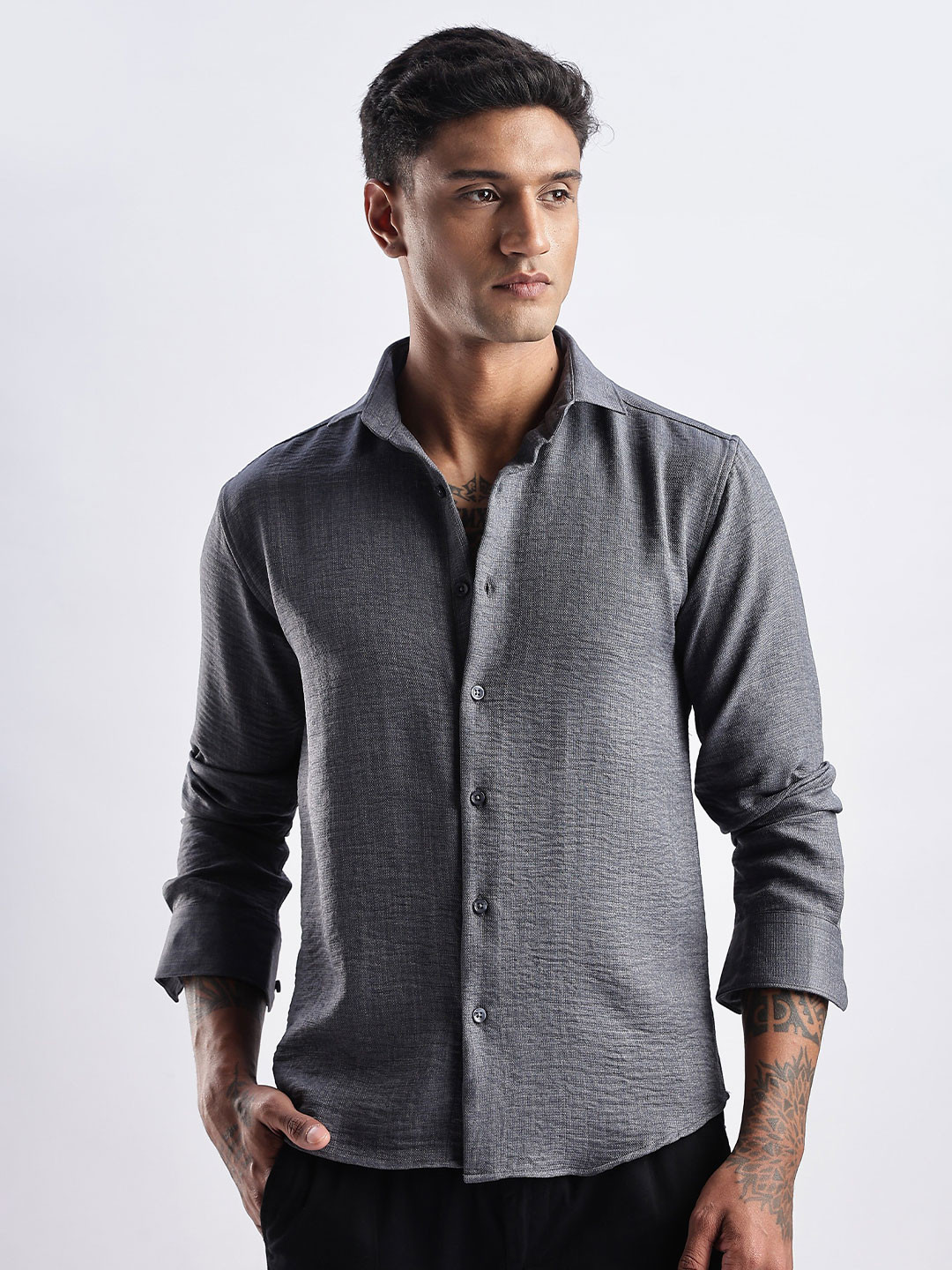 

NEVER NEUD Men Classic Fit Spread Collar Solid Casual Shirt, Grey