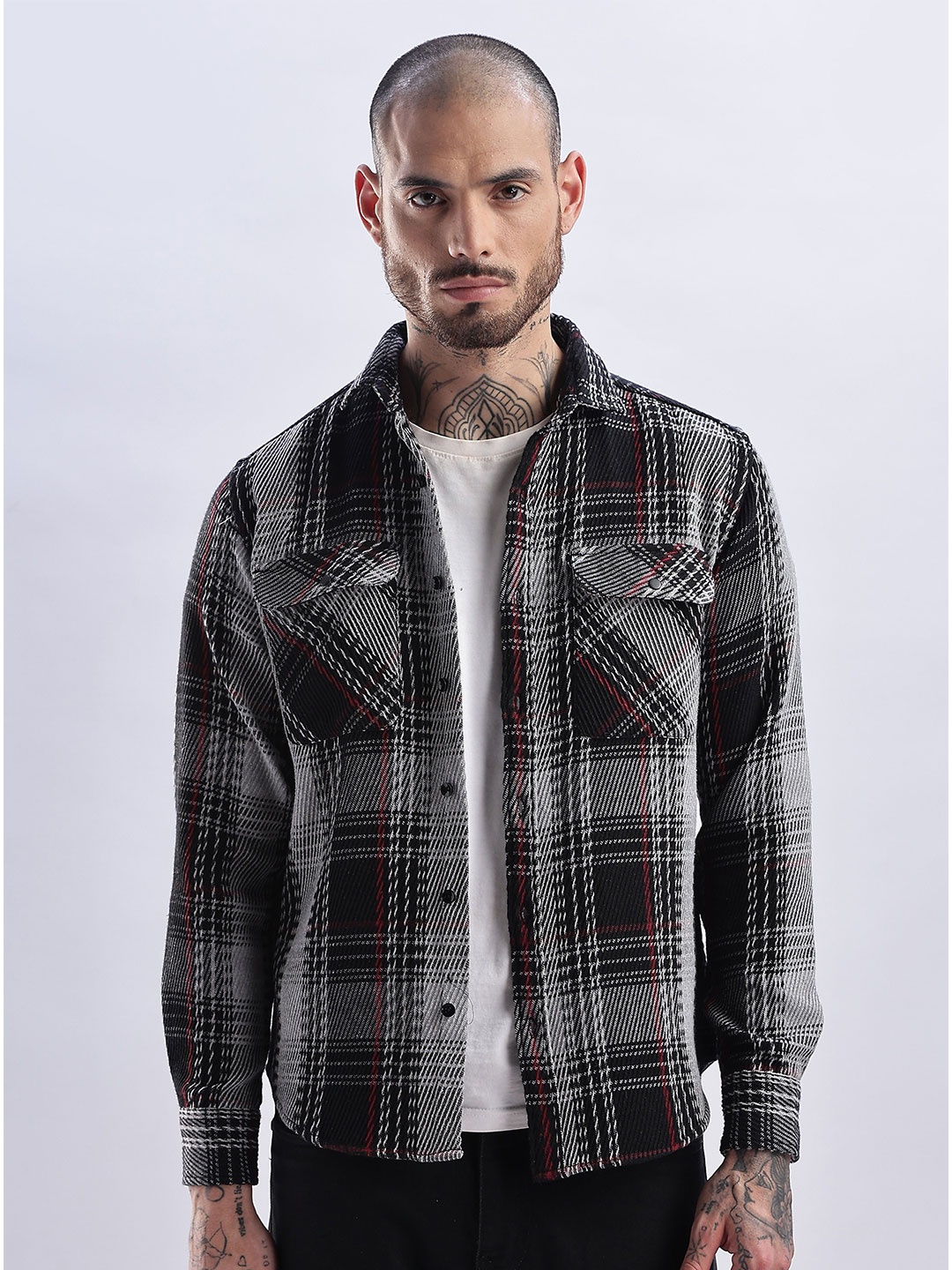 

NEVER NEUD Tartan Checked Spread Collar Flannel Shacket, Grey