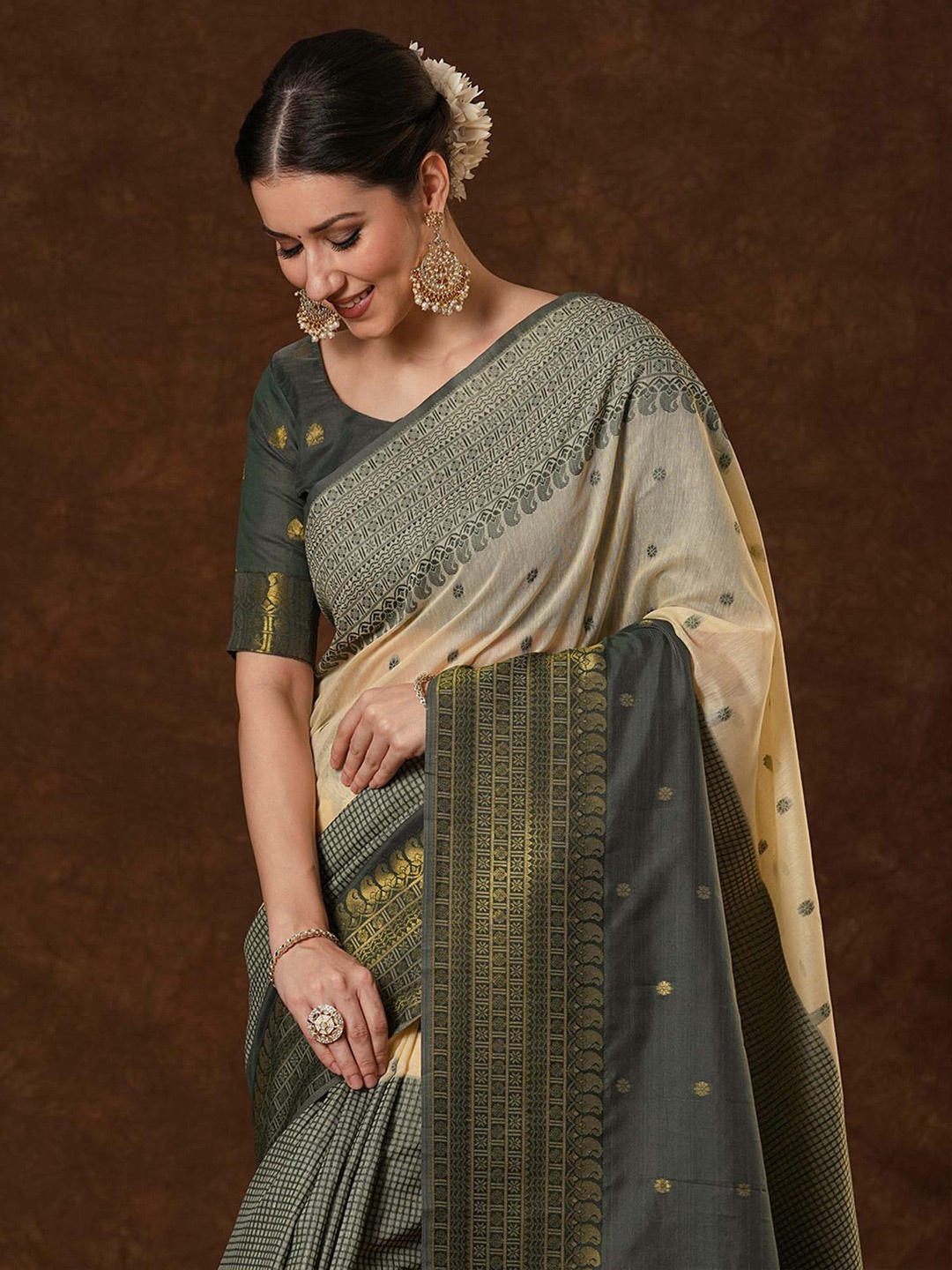 

Saree mall Ethnic Motifs Zari Venkatgiri Sarees, Olive