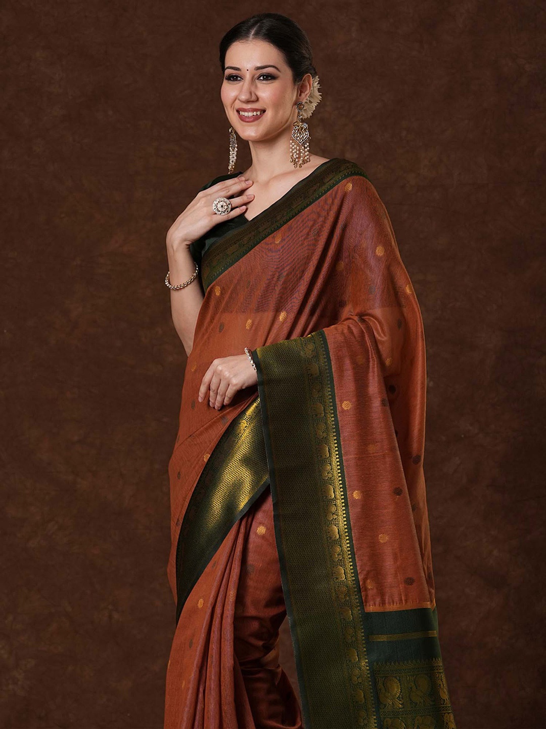 

Saree mall Polka Dot Zari Maheshwari Sarees, Brown