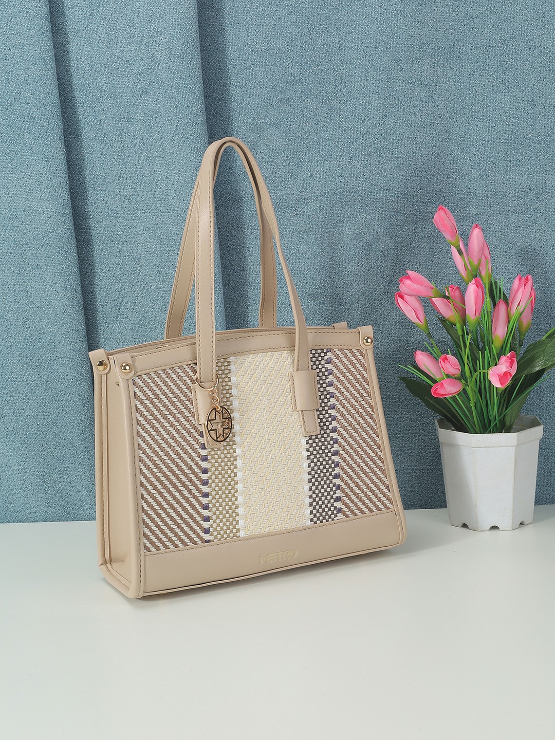 

Metro Women Textured Structured Handheld Bag, Beige