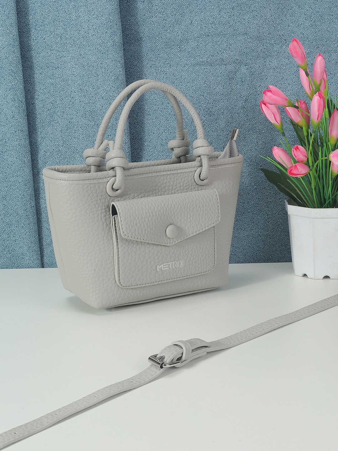 

Metro Women Textured Structured Handheld Bag, Grey