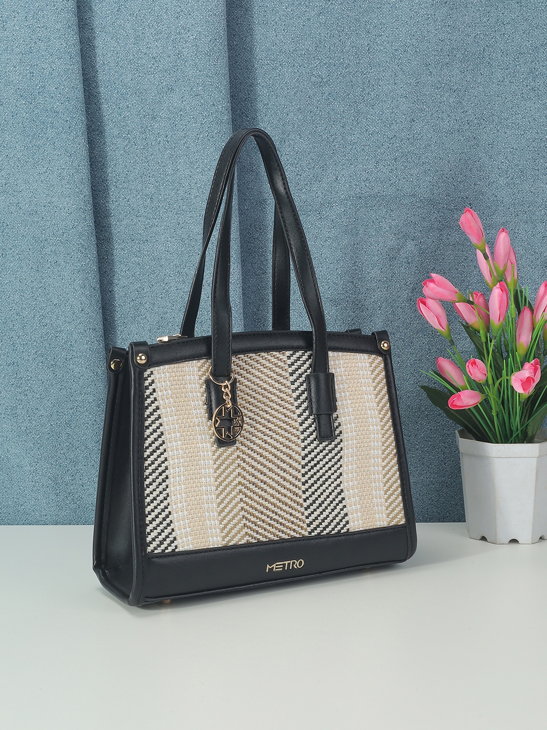 

Metro Women Textured Structured Handheld Bag, Black