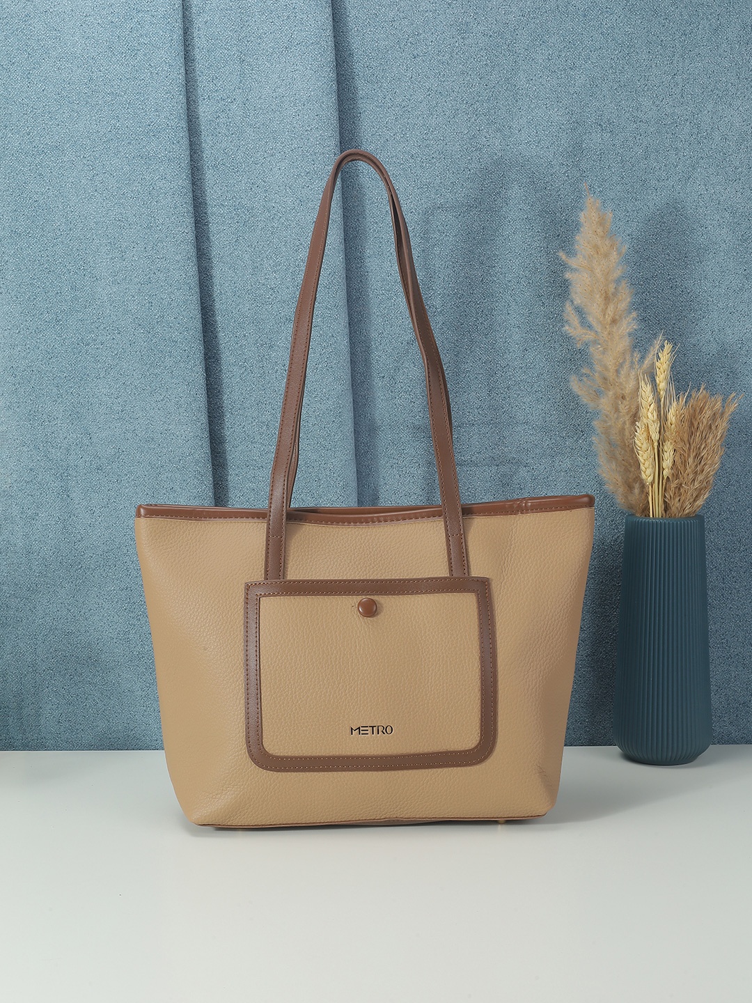 

Metro Women Solid Structured Tote Bag, Beige