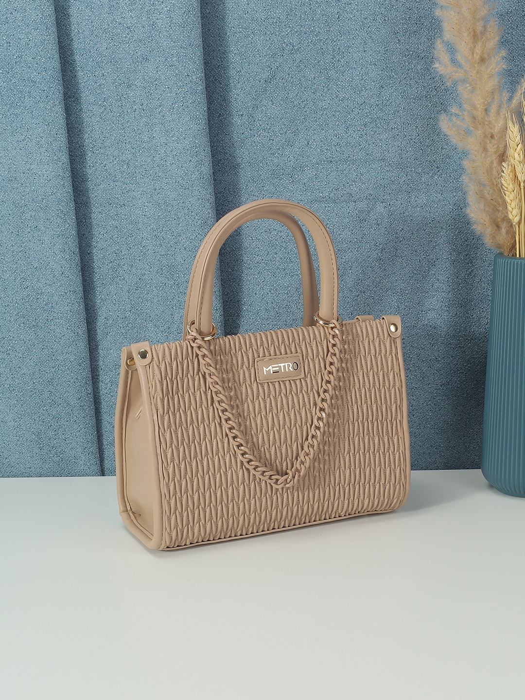 Metro Women Textured Structured Handheld Bag, Beige