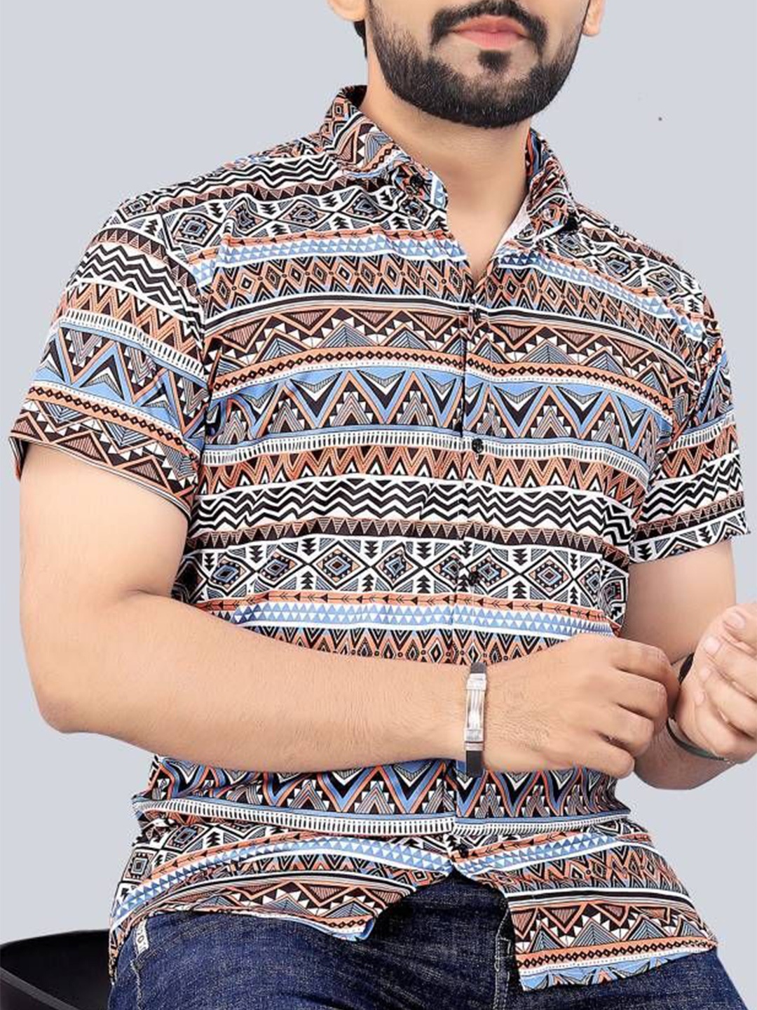 

iCome Men Spread Collar Ethnic Motifs Printed Cotton Linen Casual Shirt, White