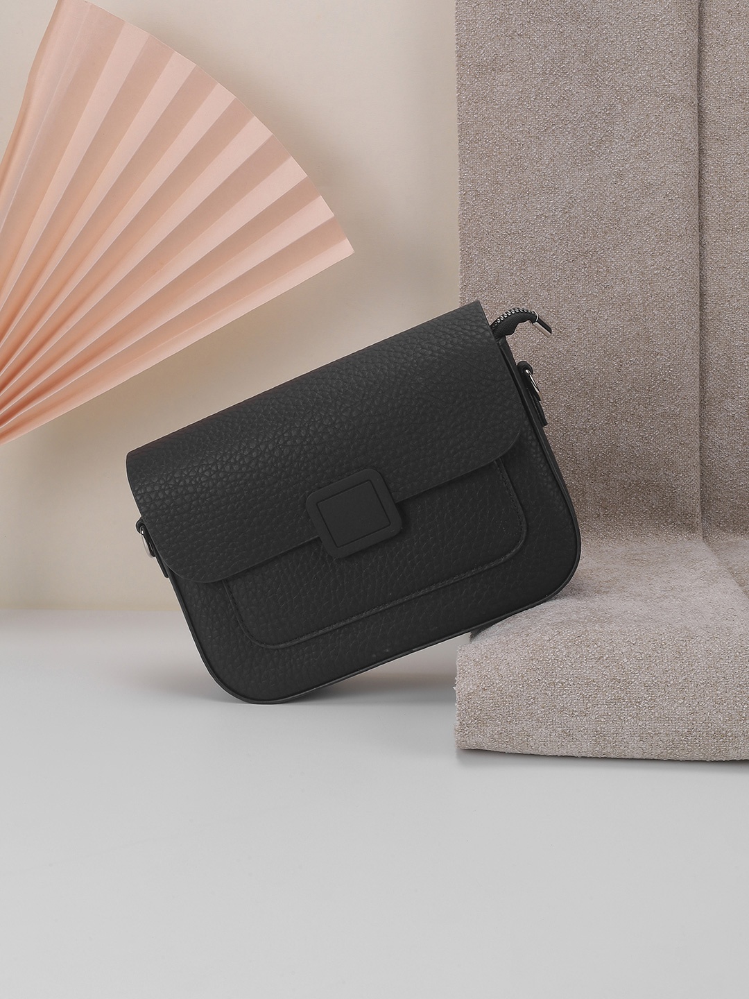 

Mochi Women Textured Structured Sling Bag, Black