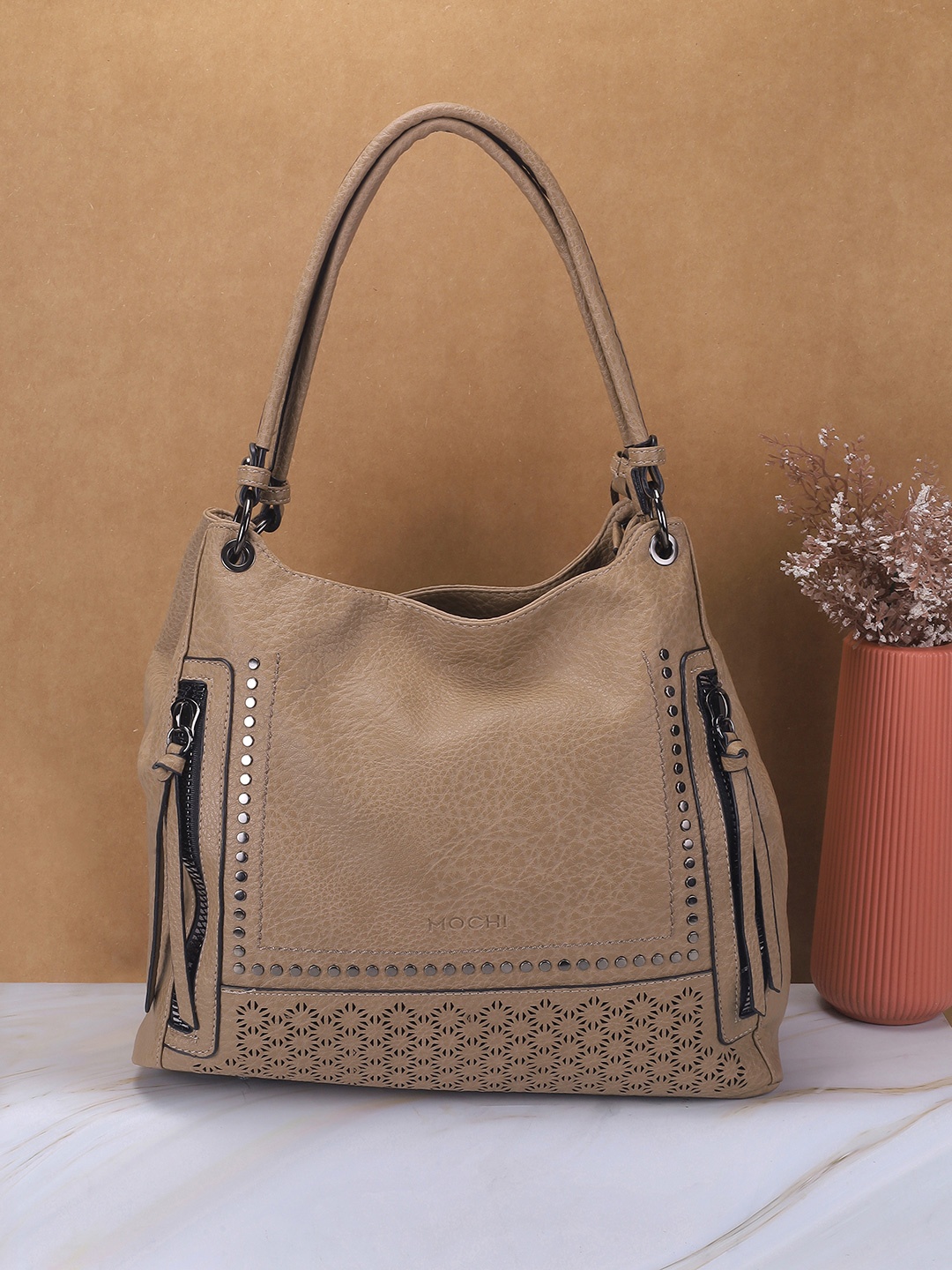 

Mochi Women Solid Structured Handheld Bag, Khaki