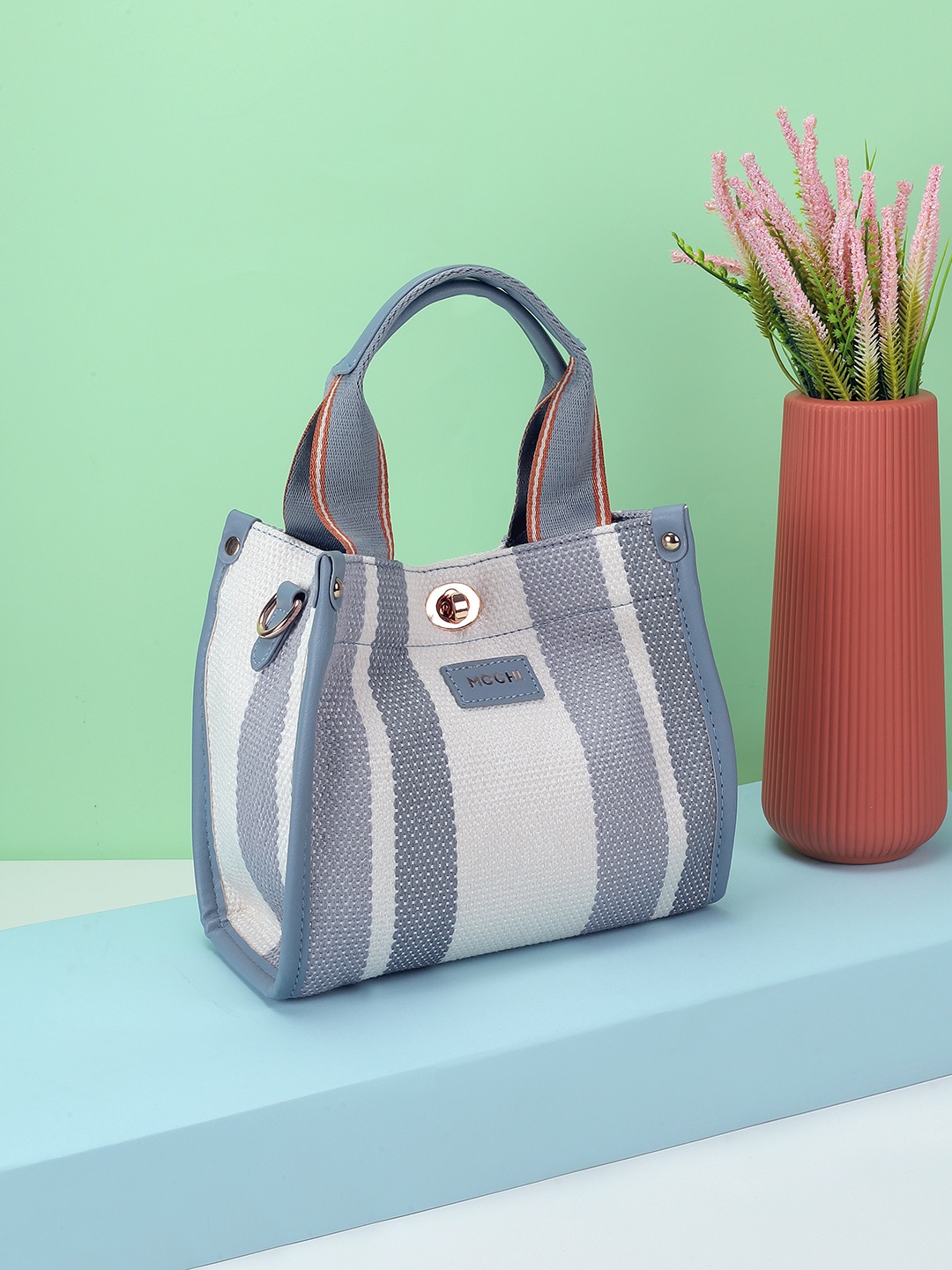 

Mochi Women Striped Shopper Handheld Bag, Blue