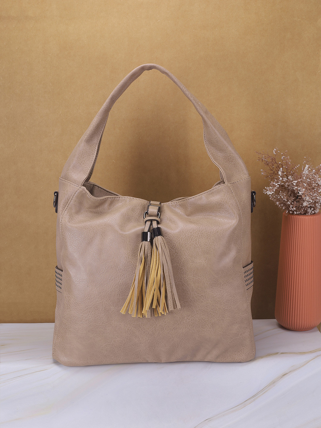 

Mochi Women Solid Structured Handheld Bag, Beige