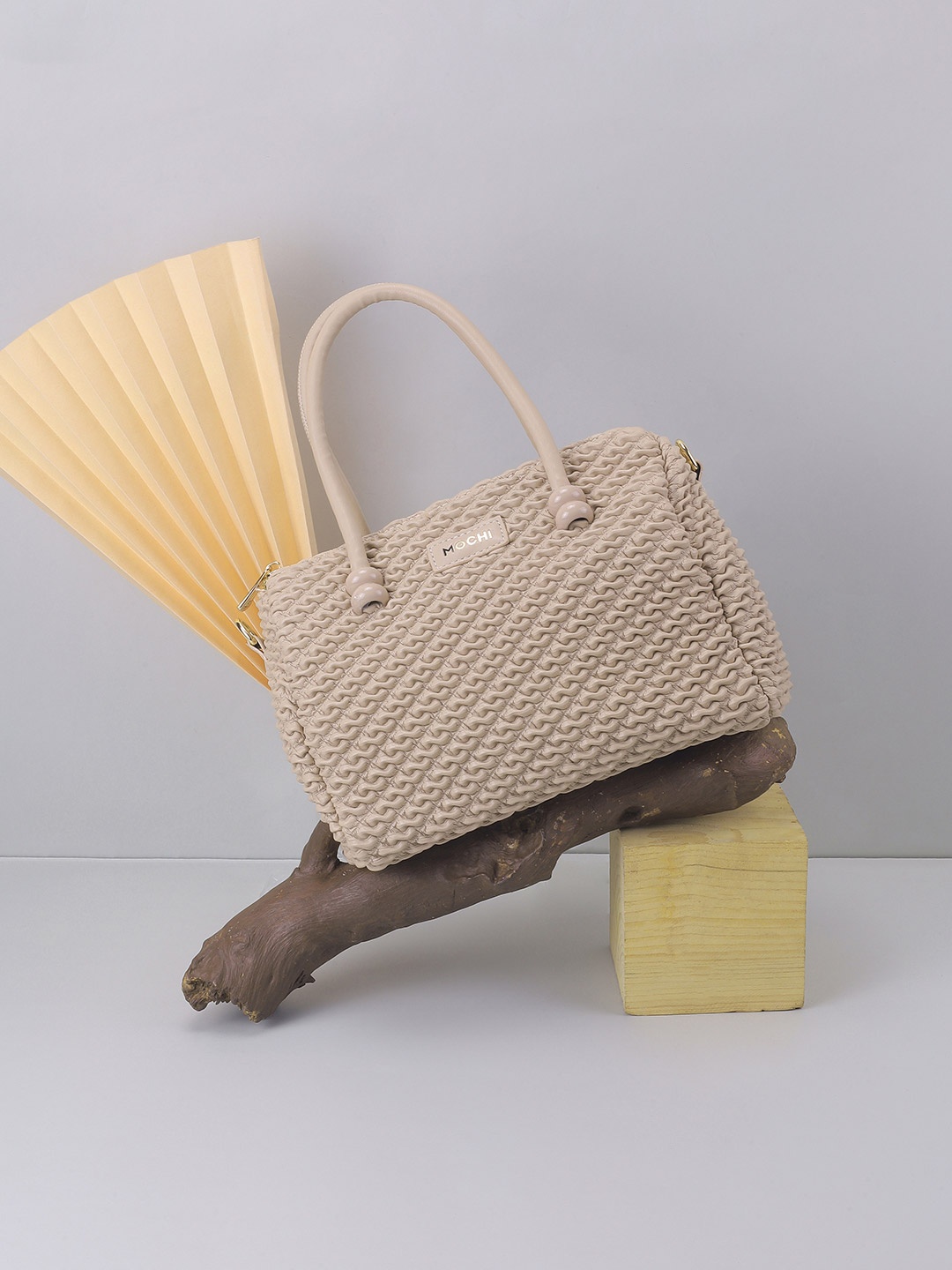 

Mochi Women Textured Structured Handheld Bag, Beige