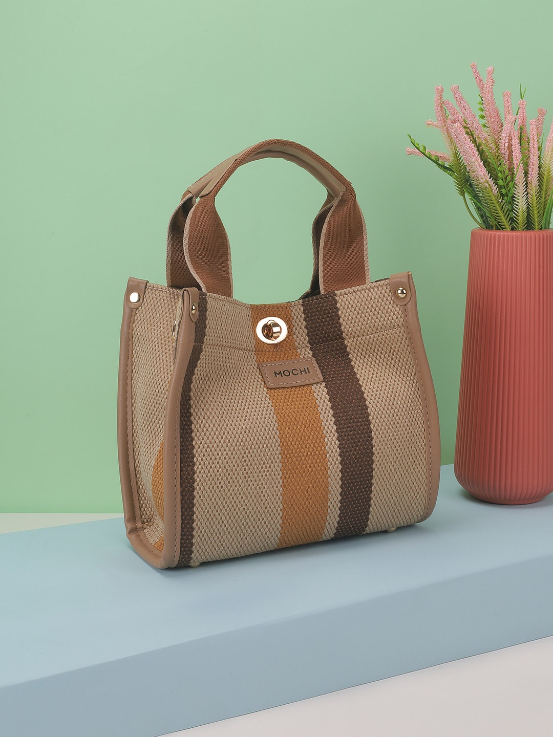 

Mochi Women Striped Shopper Handheld Bag, Brown