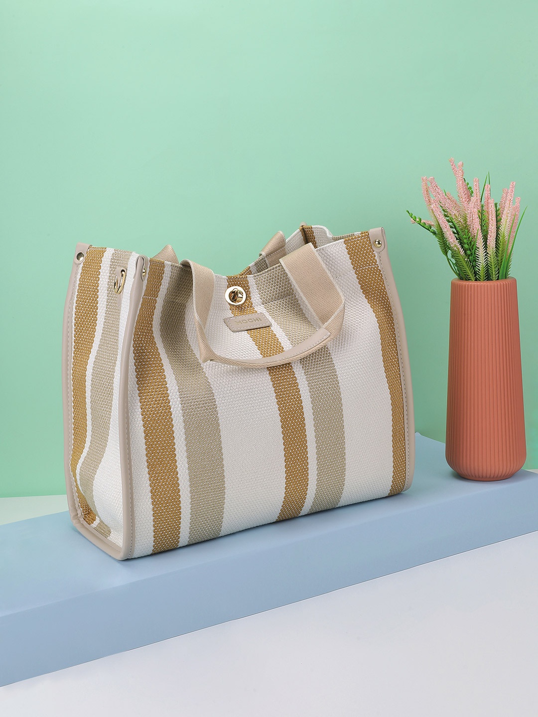 

Mochi Women Striped Shopper Handheld Bag, Beige