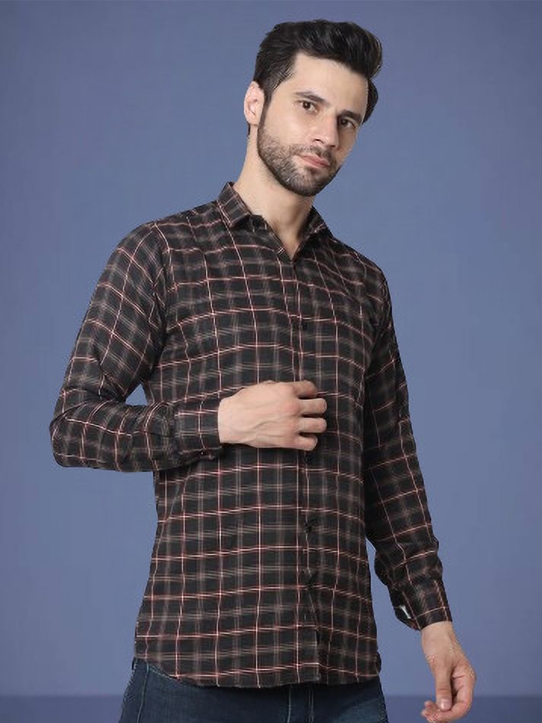 

iCome Men Spread Collar Tartan Checked Cotton Linen Casual Shirt, Black