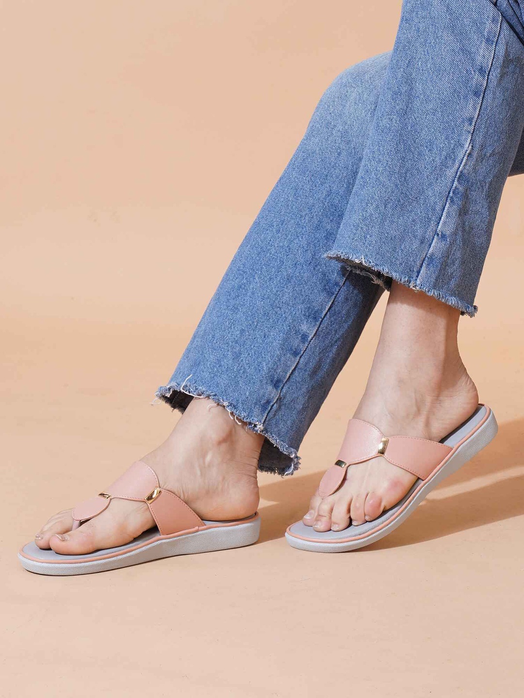 

PLANET WALK Women Open Toe T-Strap Flats, Peach