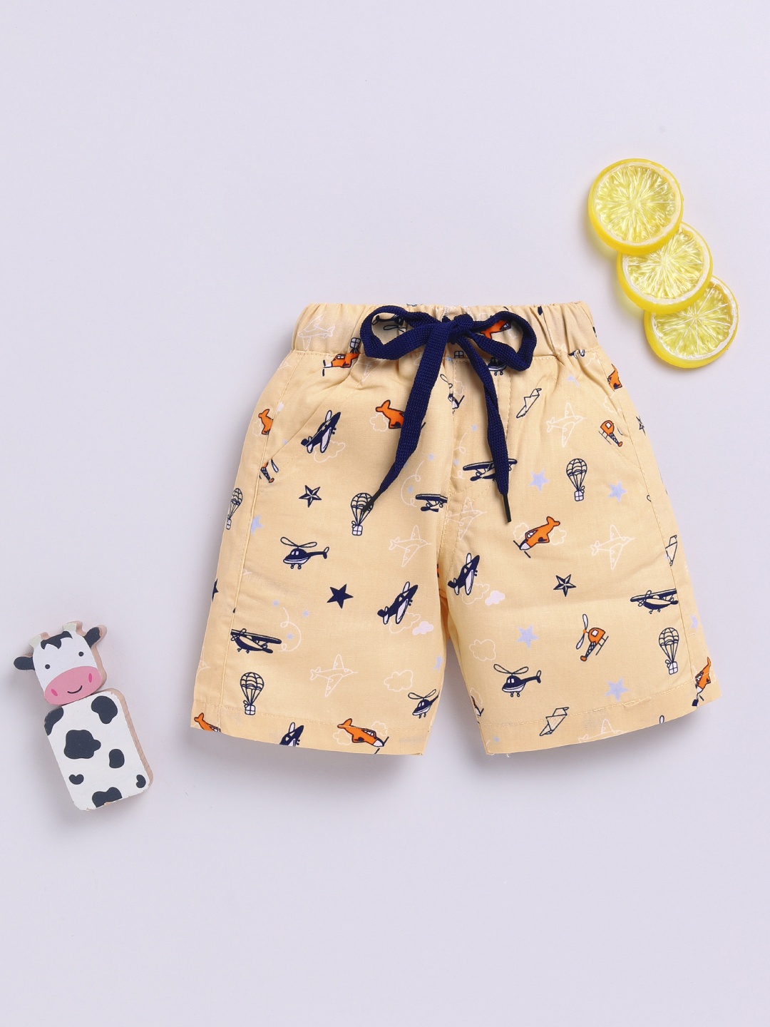 

Here&Now X Denikid Infant Boys Printed Pure Cotton Shorts, Yellow