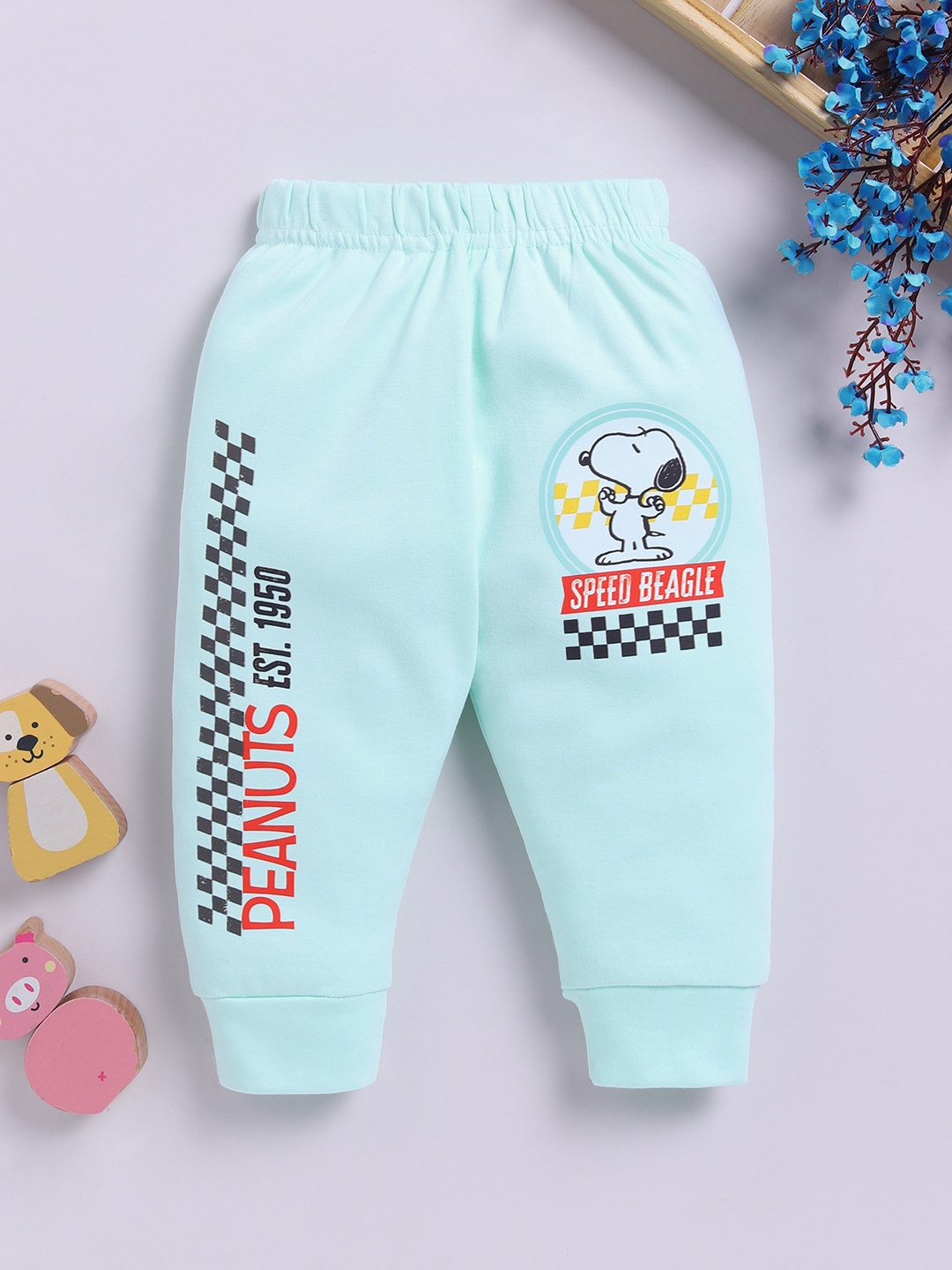 

YK X Tinyo Infant Boys Peanuts Printed Cotton Joggers, Sea green
