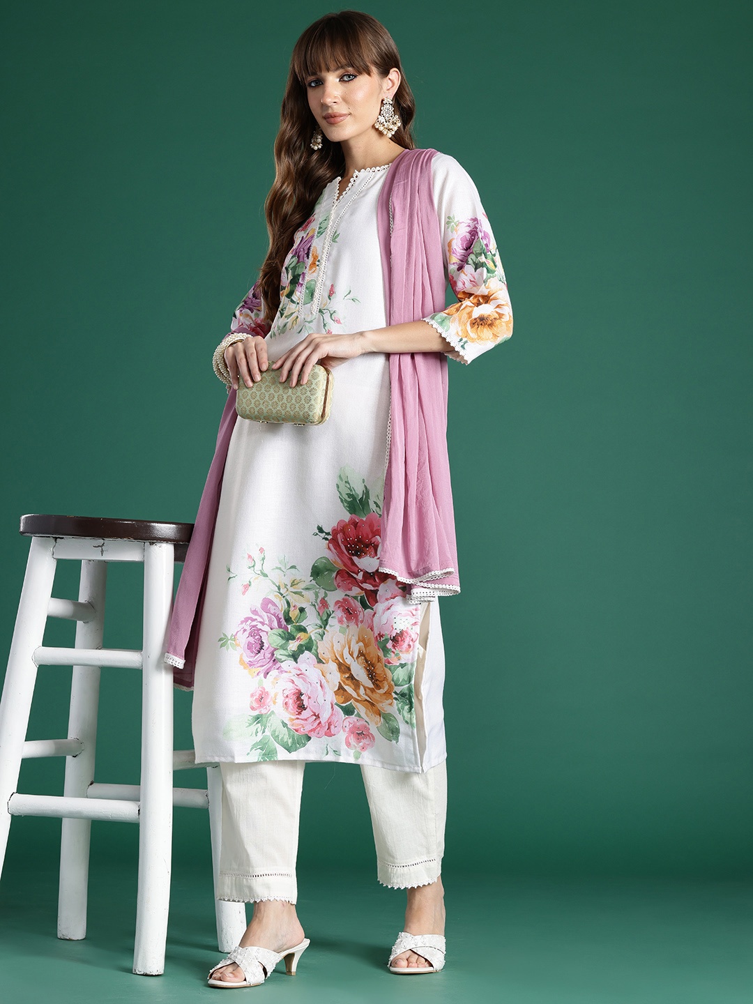 

Indo Era Floral Printed Beads and Stones Linen Kurta with Trousers & With Dupatta, Off white