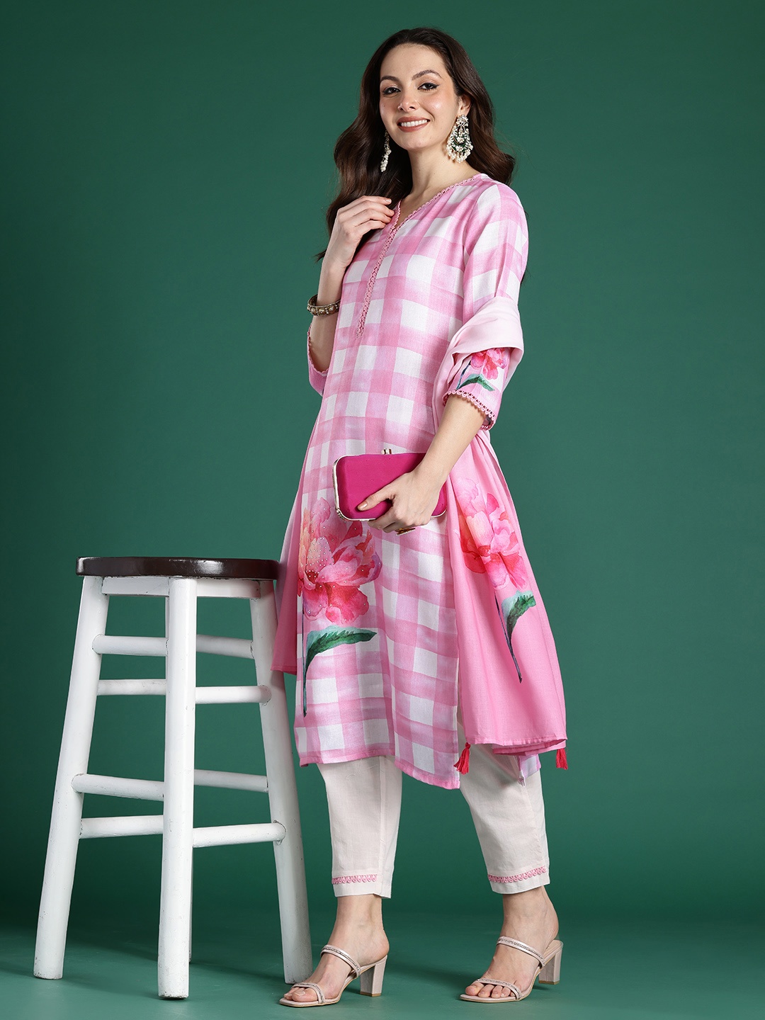 

Indo Era Floral Printed Beads and Stones Linen Kurta with Trousers & With Dupatta, Pink