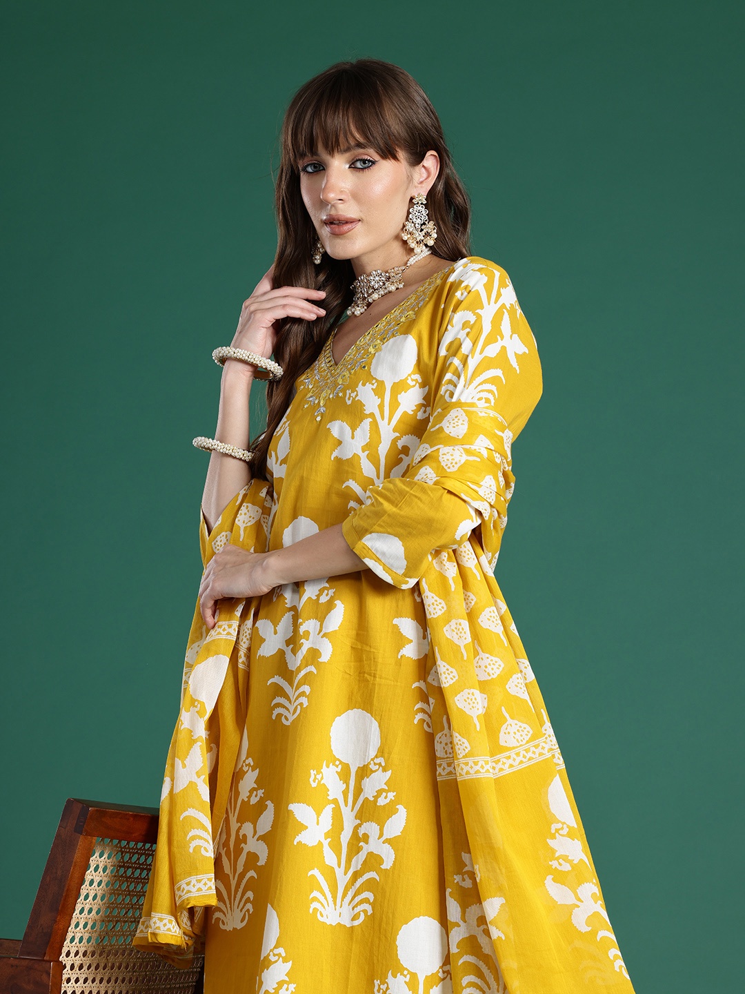 

Indo Era Floral Printed Mirror Work Pure Cotton Kurta with Trousers & With Dupatta, Mustard