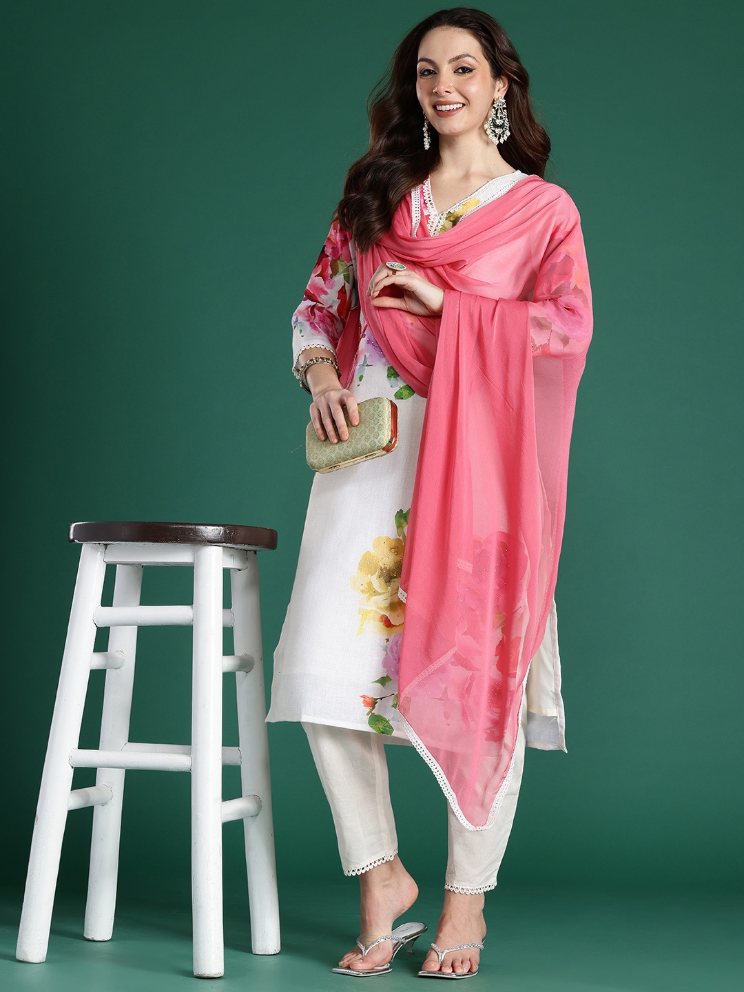 

Indo Era Floral Printed Beads and Stones Linen Kurta with Trousers & With Dupatta, Off white