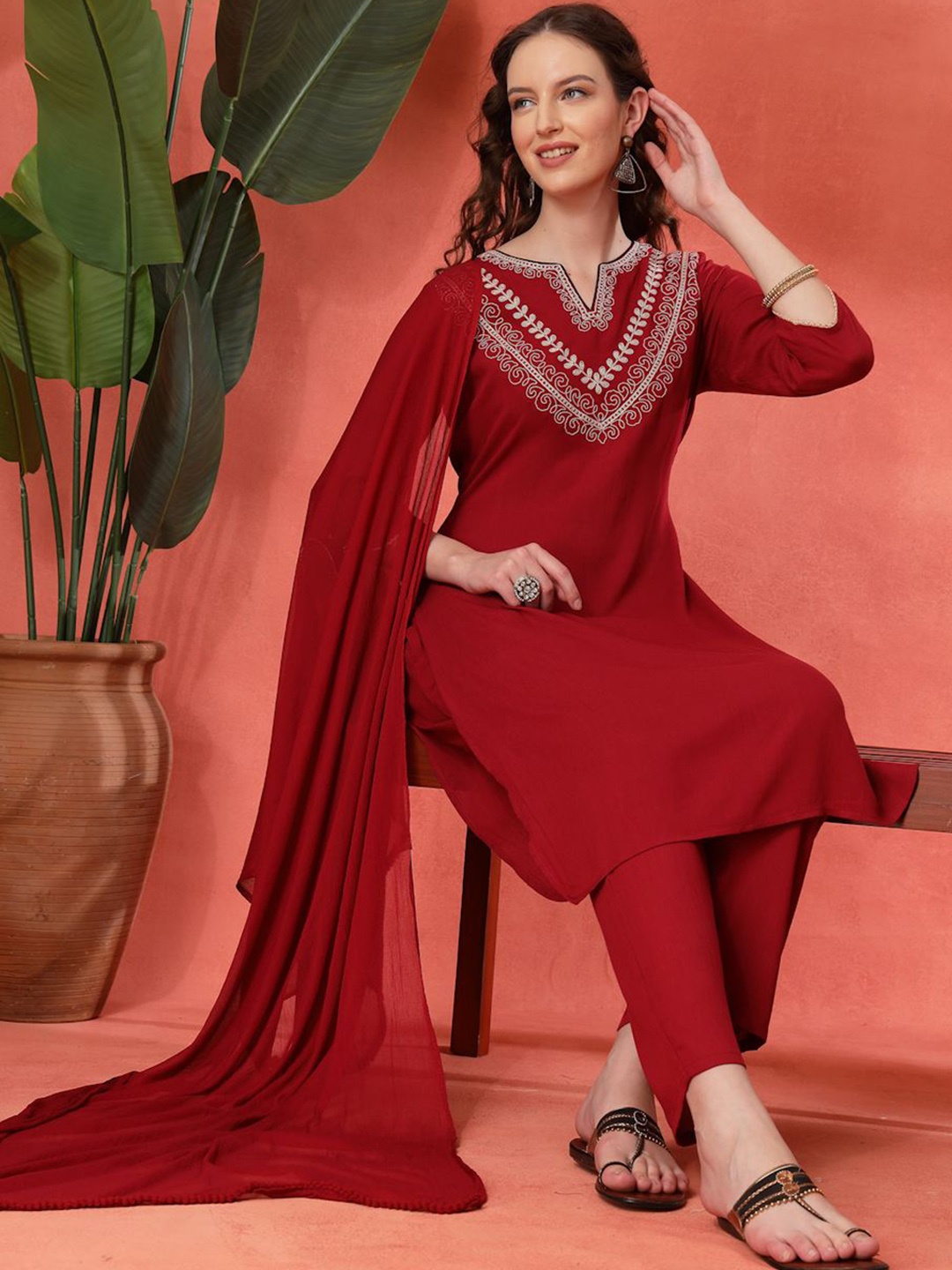 Nayam By Lakshita Floral Embroidered Thread Work Straight Kurta with Palazzos & Dupatta, Maroon