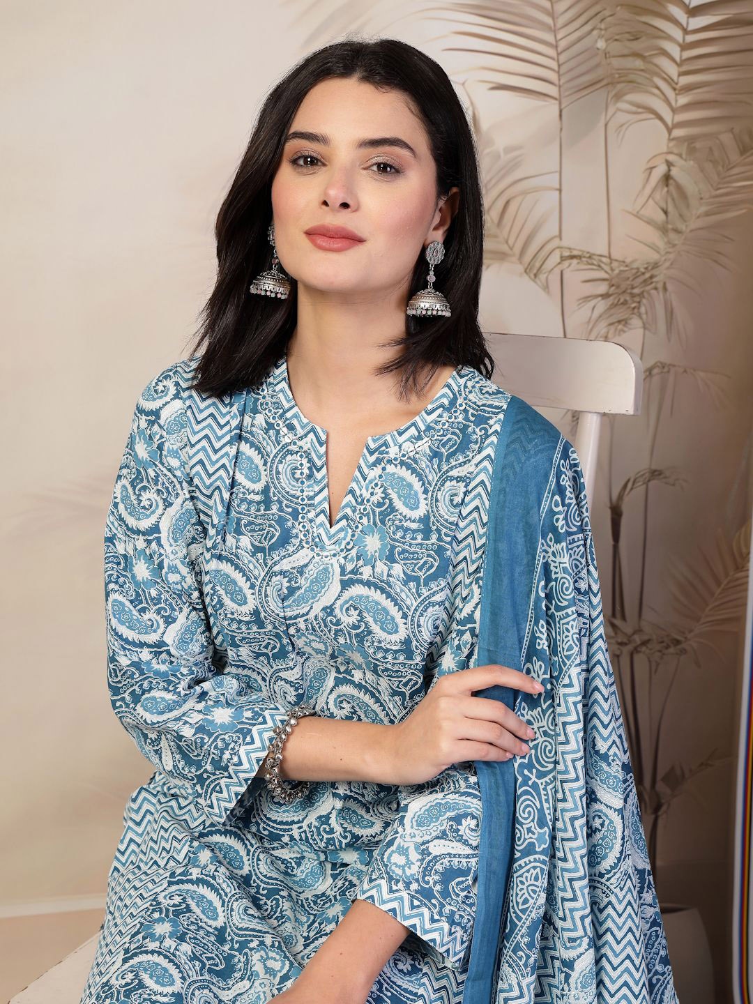 

Nayam By Lakshita Women Paisley Printed Panelled Kurta with Trouser & Dupatta, Blue