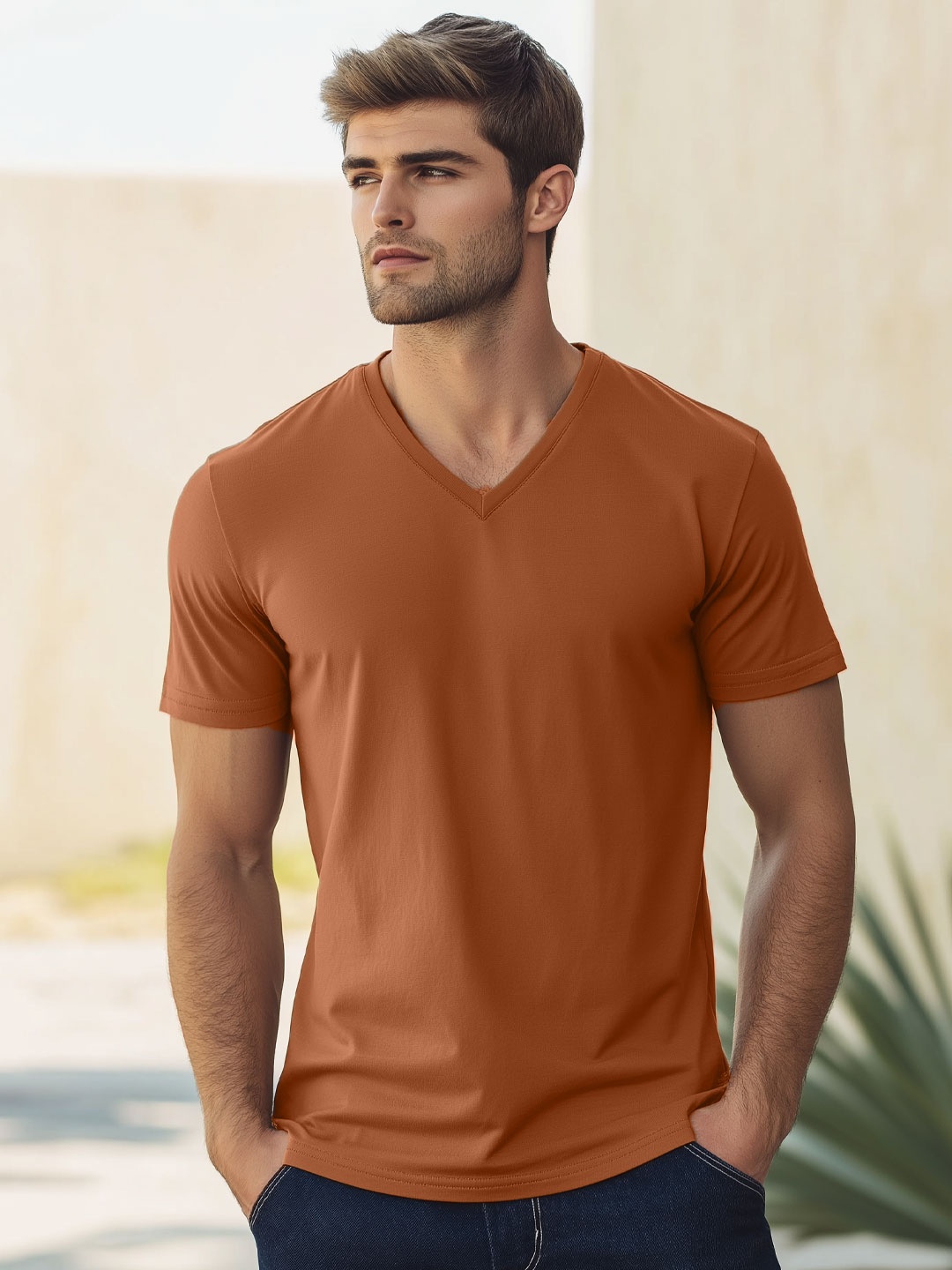 

NOBERO Men Solid V-Neck Cotton T-shirt, Brown