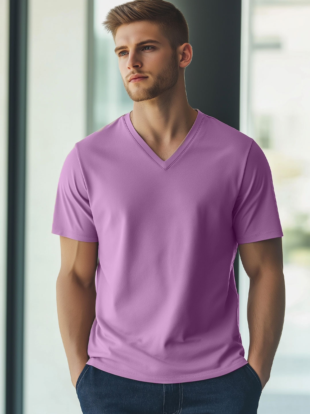 

NOBERO Men Solid V-Neck Cotton T-shirt, Lavender