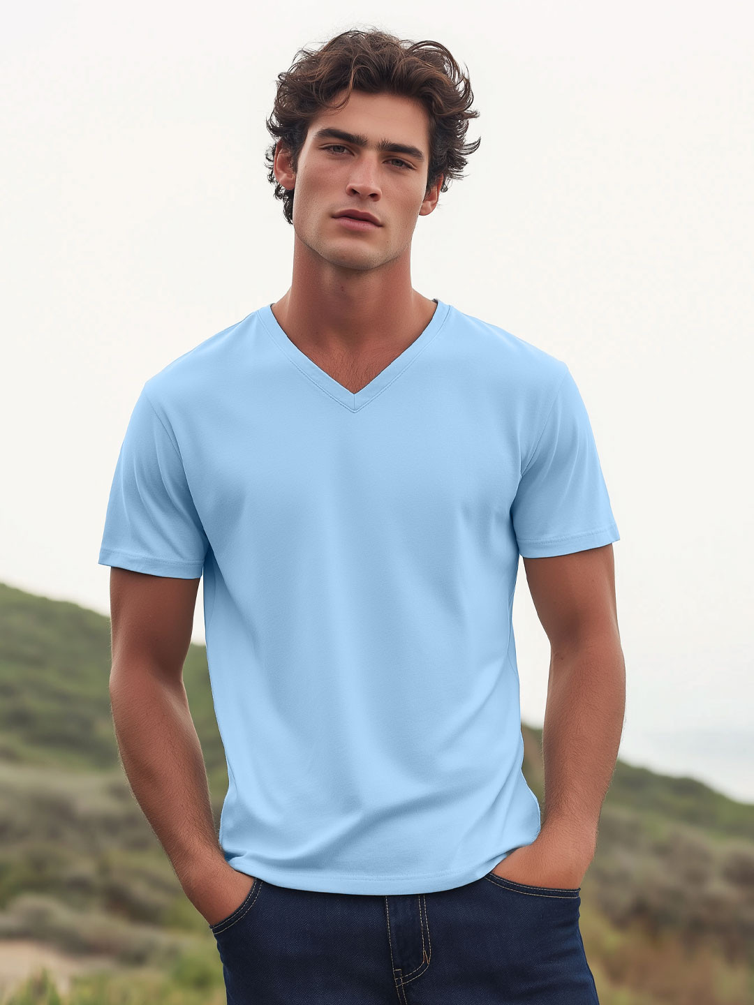 

NOBERO Men Solid V-Neck Cotton T-shirt, Blue