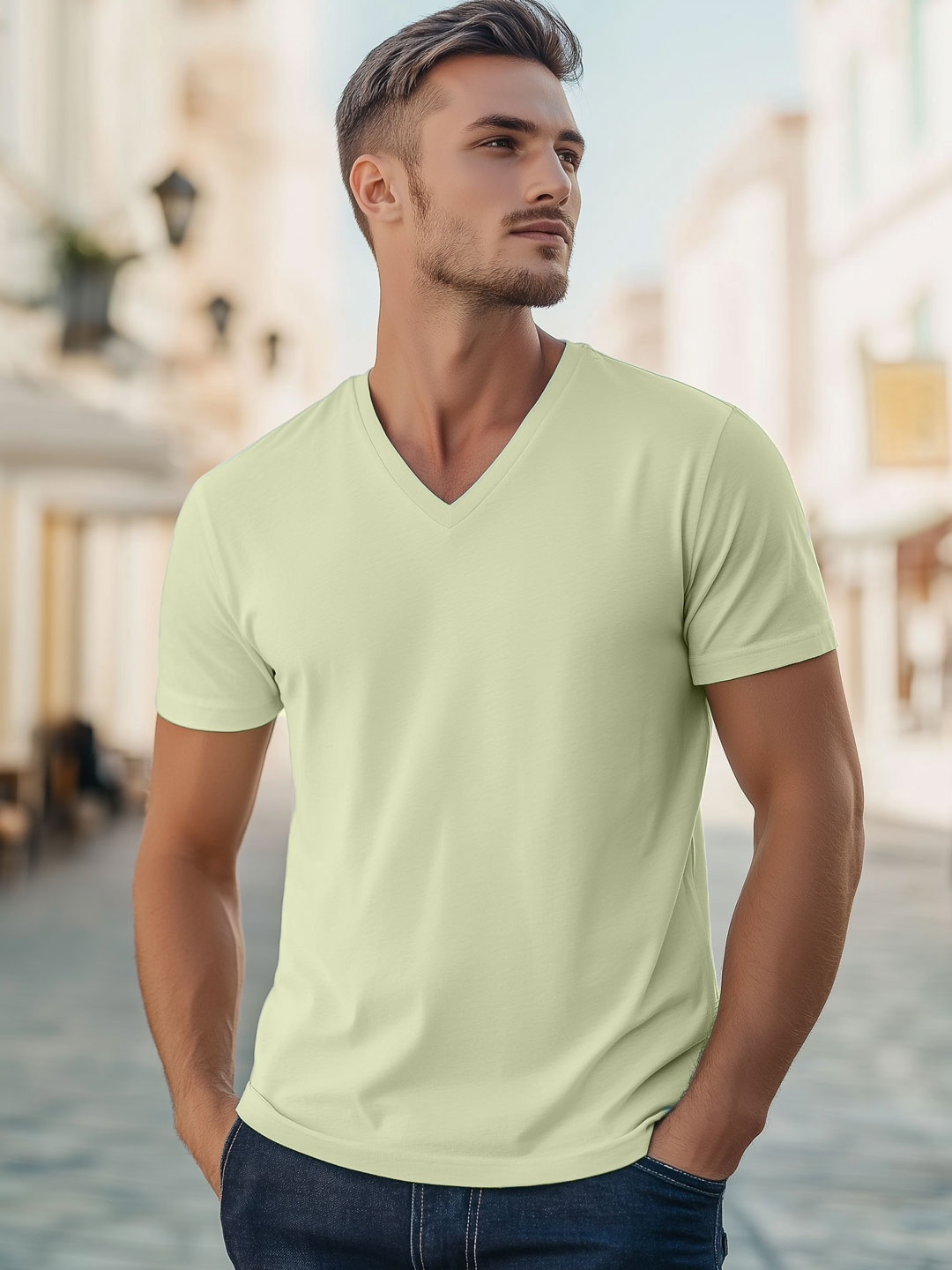 

NOBERO Men Solid V-Neck Cotton T-shirt, Green