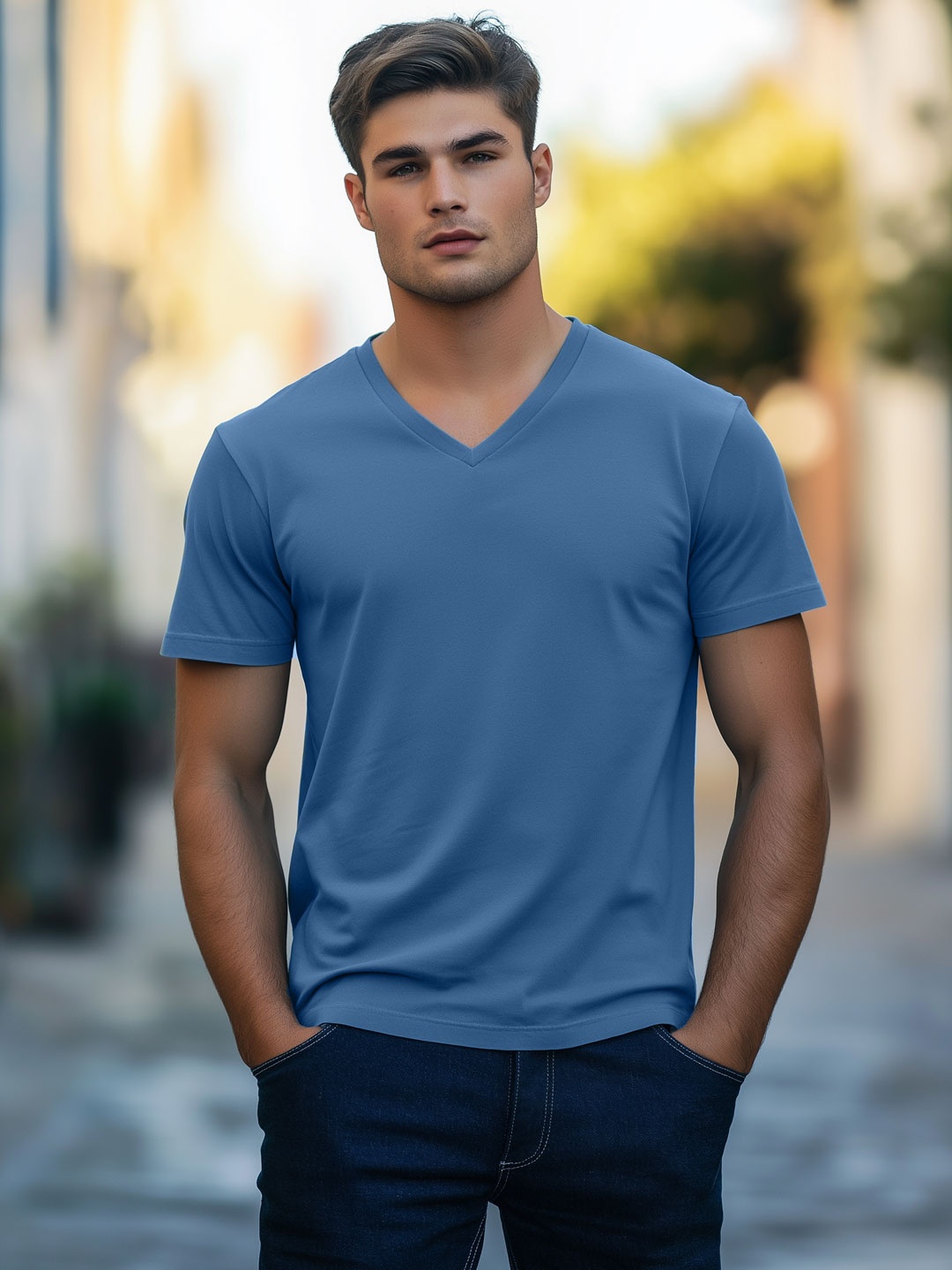 

NOBERO Men Solid V-Neck Cotton T-shirt, Blue