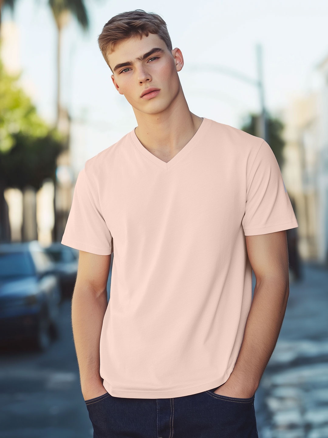 

NOBERO Men Solid V-Neck Cotton T-shirt, Pink