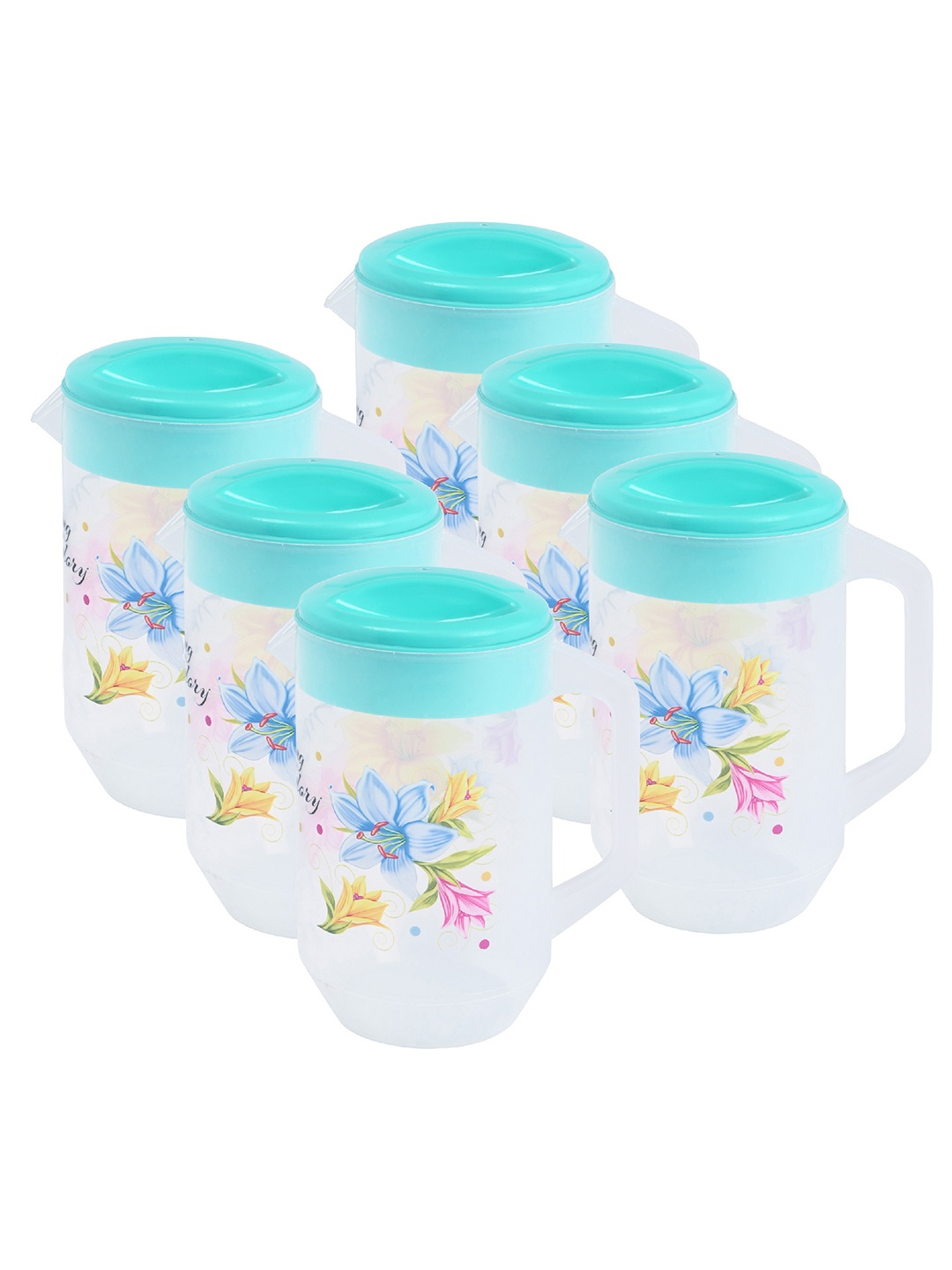 

Kuber Industries Green & Transparent 6 Pieces Floral Printed Water Jugs With Lids-2.4 L