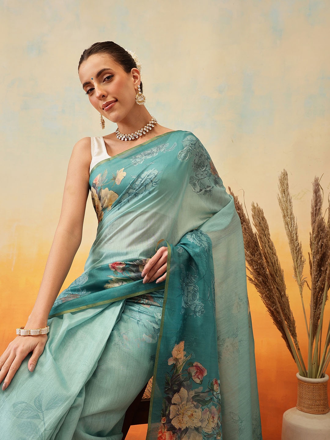 

Silk Land Floral Organza Ready to Wear Chanderi Saree, Teal
