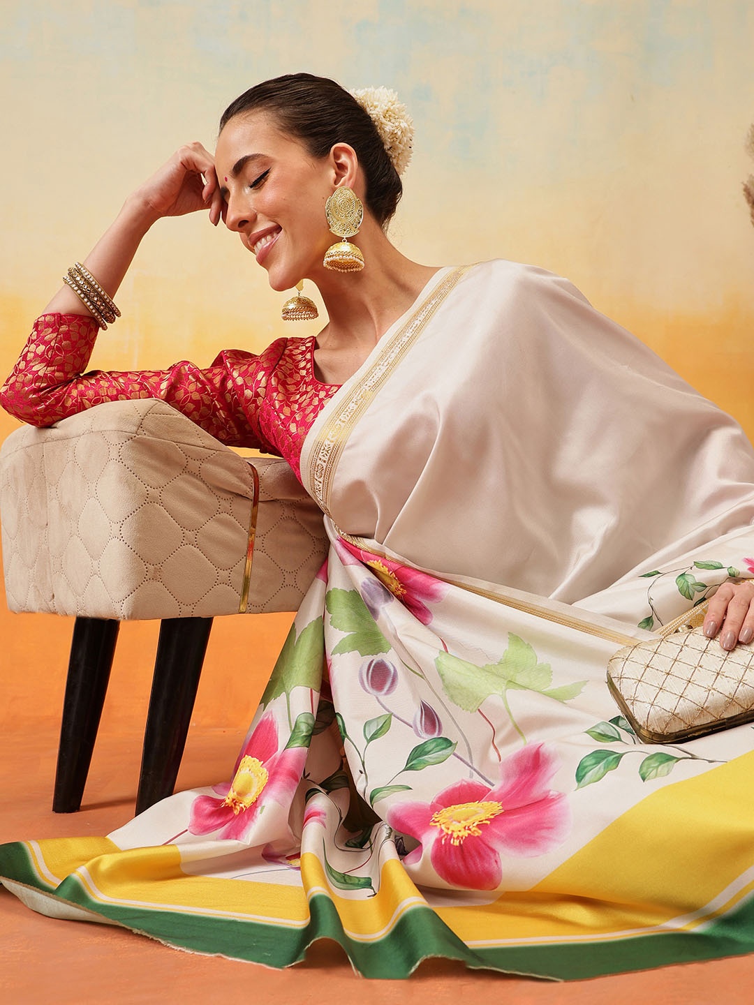 

Silk Land Floral Printed Zari Silk Ready to Wear Kasavu Saree, Off white