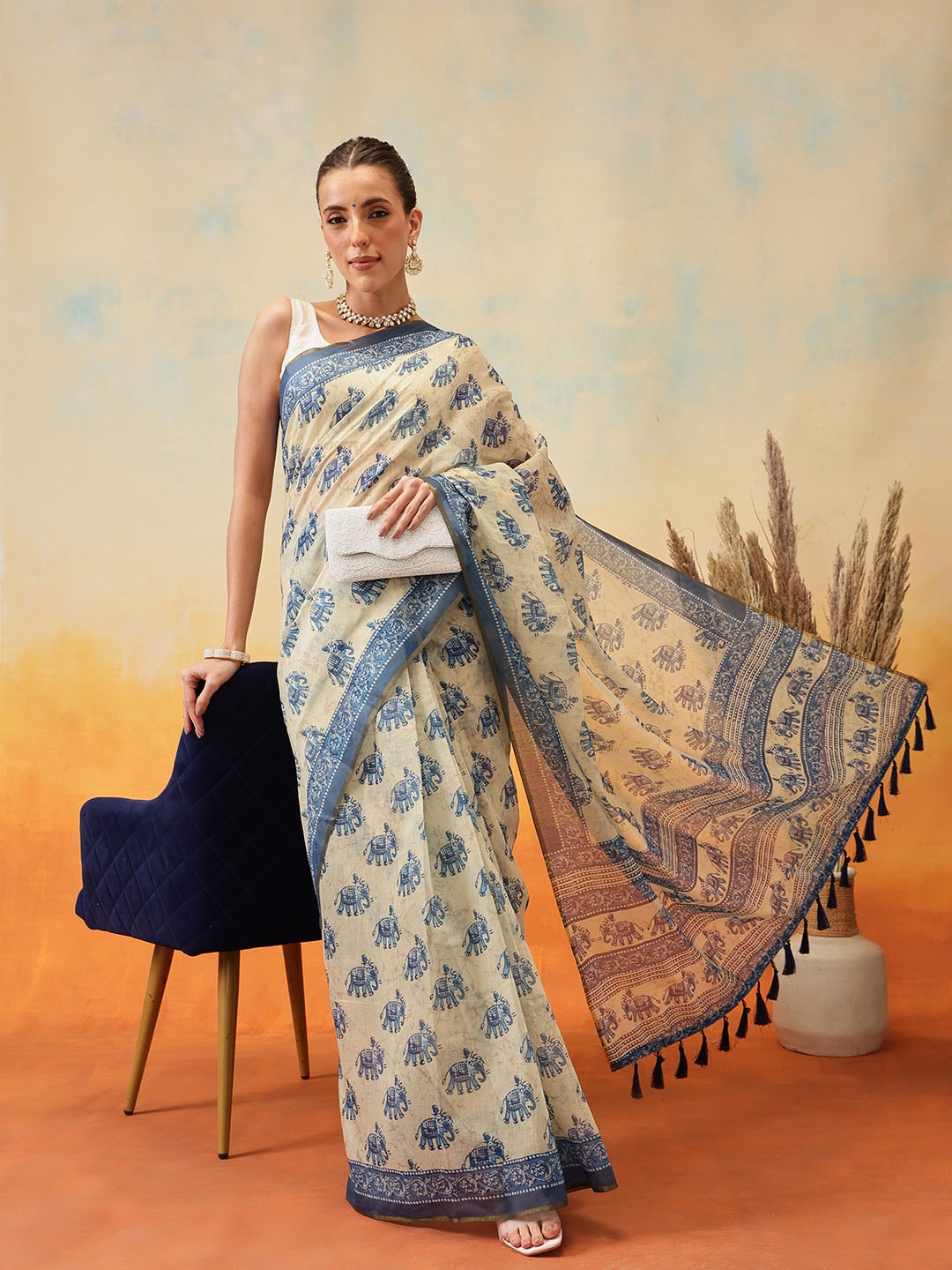

Silk Land Kalamkari Ready to Wear Chanderi Saree, Blue