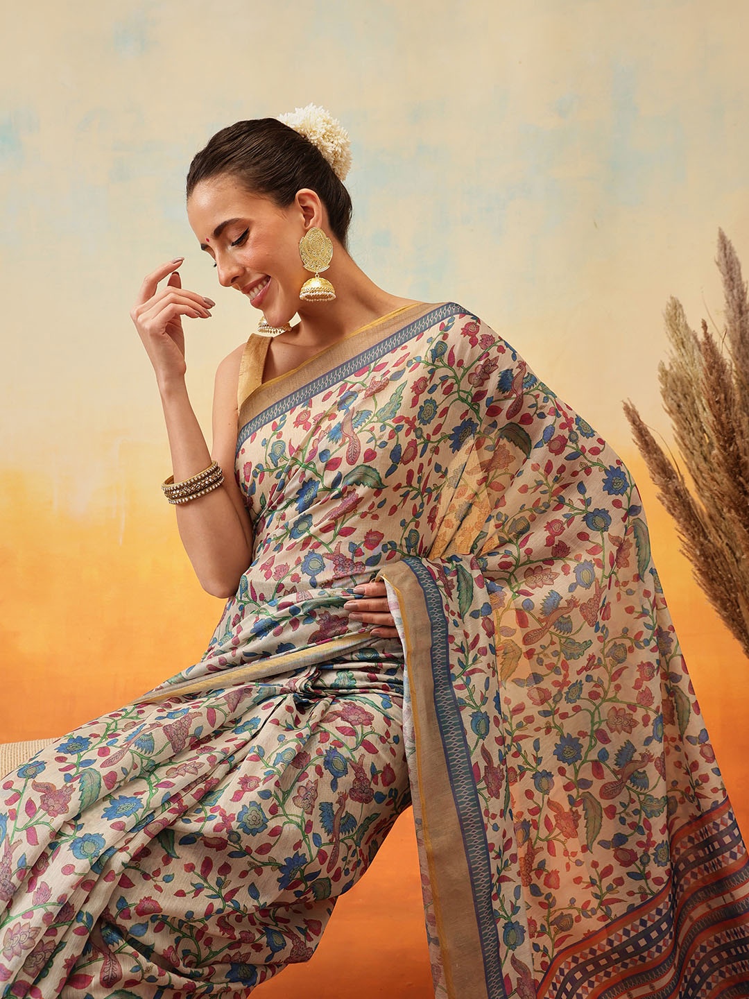 

Silk Land Floral Ready to Wear Chanderi Saree, Beige