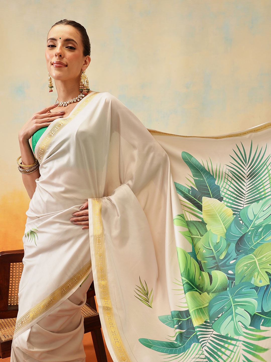 

Silk Land Floral Printed Zari Silk Ready to Wear Kasavu Saree, Off white