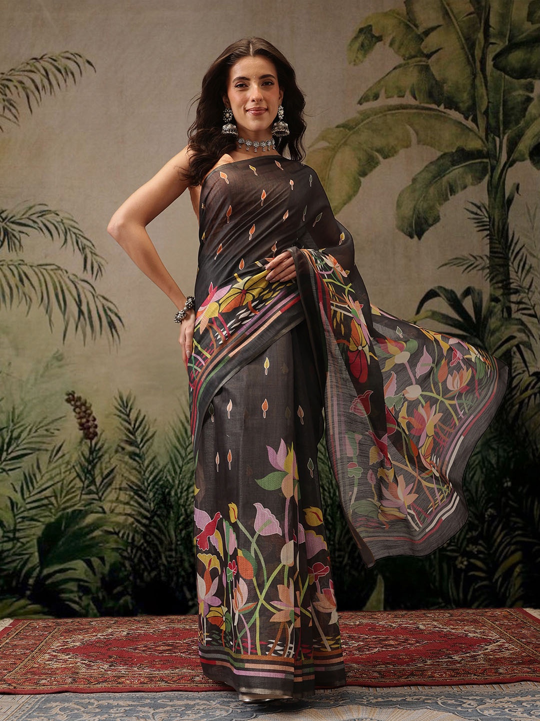 

Silk Land Floral Kanjeewaram Cotton Silk Digital Print saree, Black