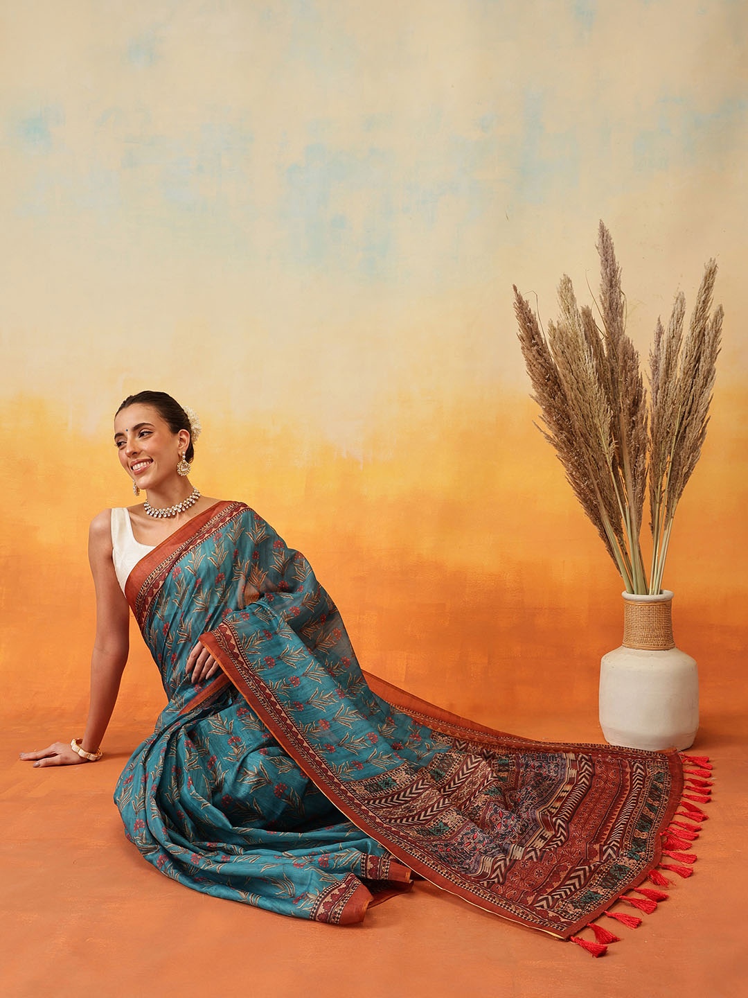 

Silk Land Floral Ready to Wear Chanderi Saree, Teal