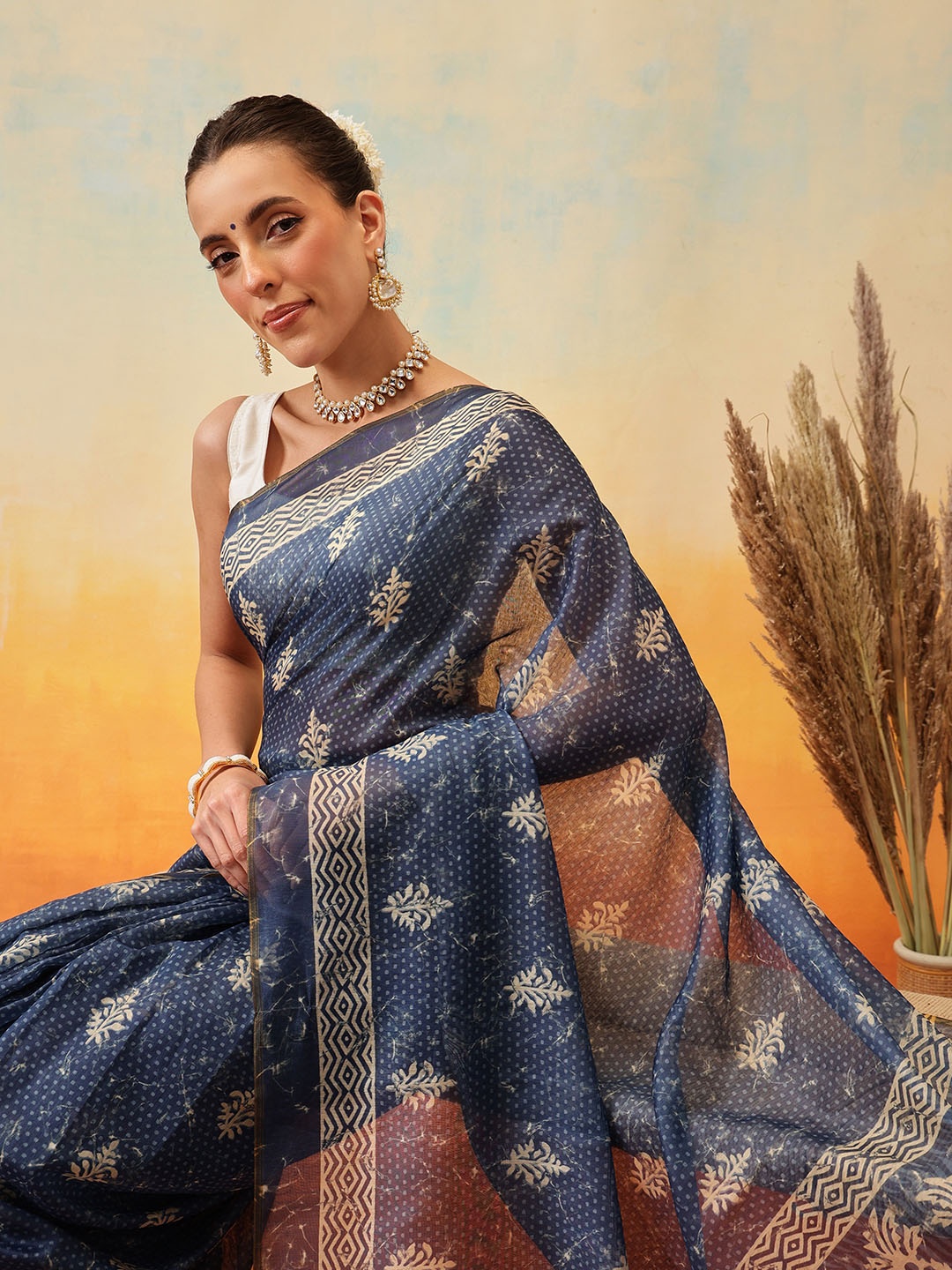 

Silk Land Kalamkari Ready to Wear Chanderi Saree, Blue