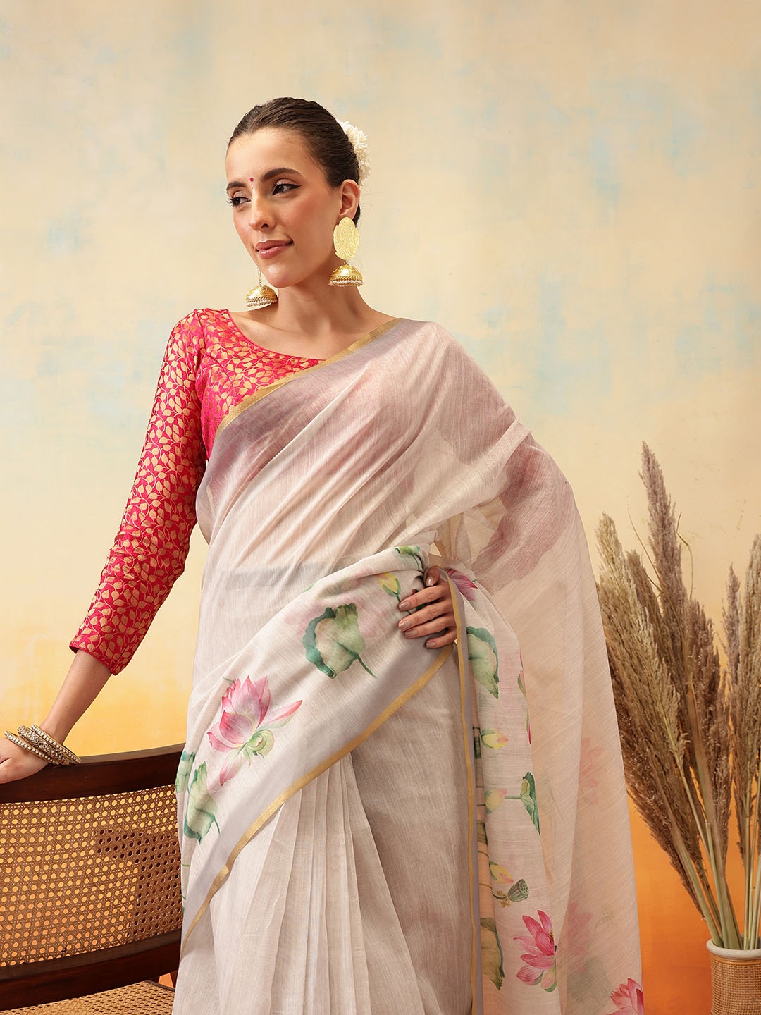 

Silk Land Floral Zari Tissue Ready to Wear Block Print Saree, Beige