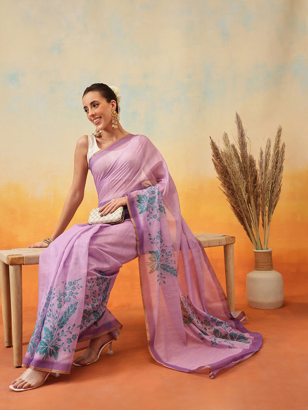 

Silk Land Floral Printed Zari Ready to Wear Tissue Saree, Purple