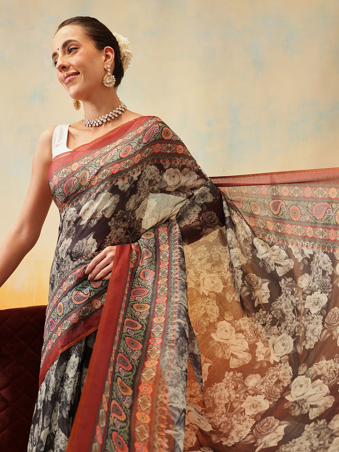 

Silk Land Floral Ready to Wear Chanderi Saree, Brown