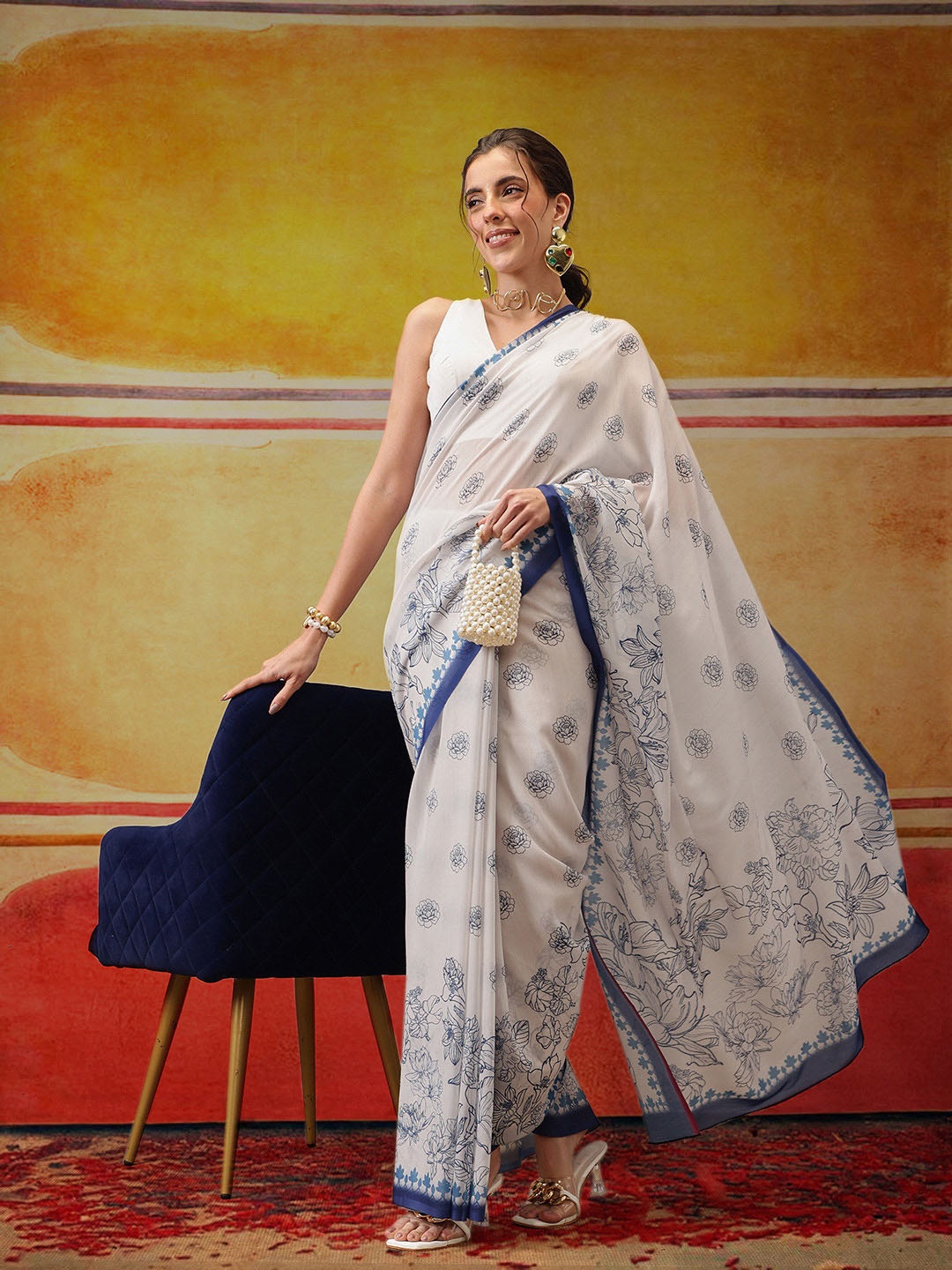

Silk Land Kalamkari Chanderi Digital Print Saree, White