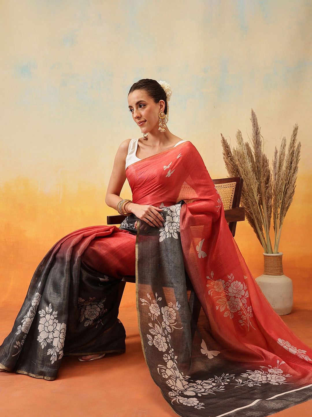 

Silk Land Floral Zari Tissue Ready to Wear Block Print Saree, Black