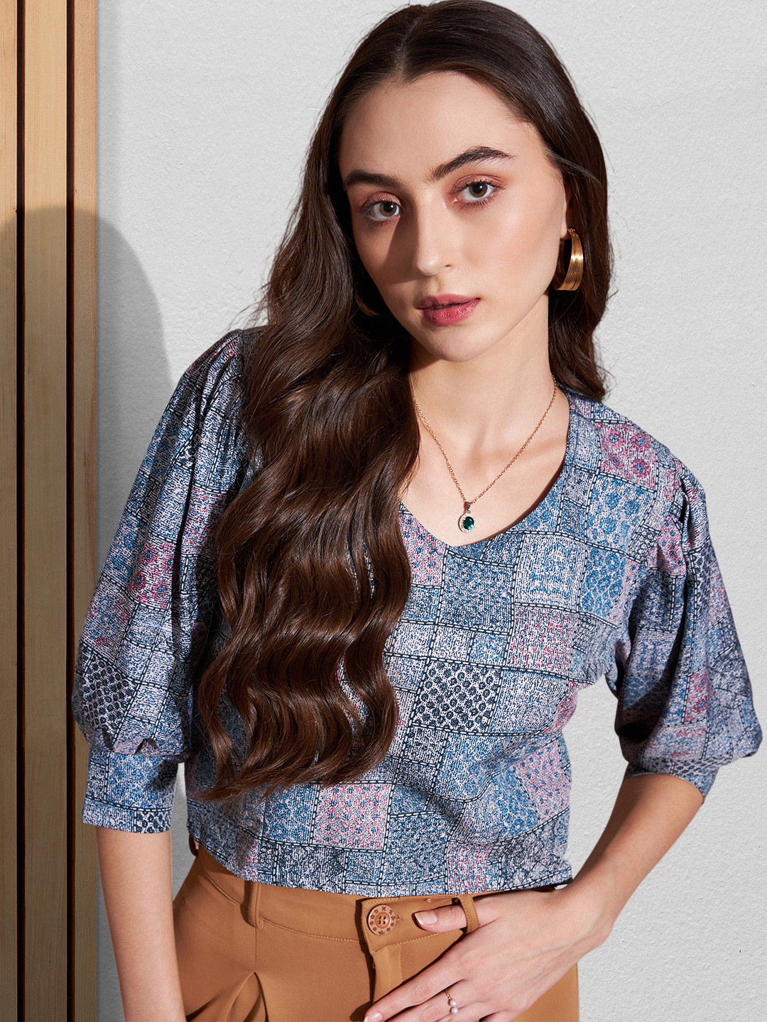 

DressBerry Geometric Print Puff Sleeve Crepe Crop Top, Blue