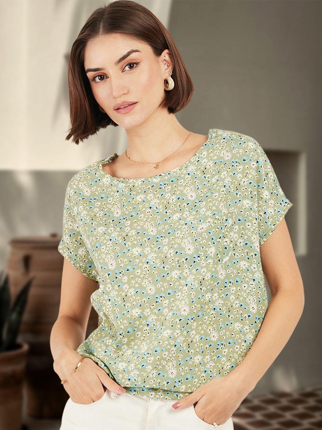 

DressBerry Women Floral Printed Extended Sleeves Top, Green